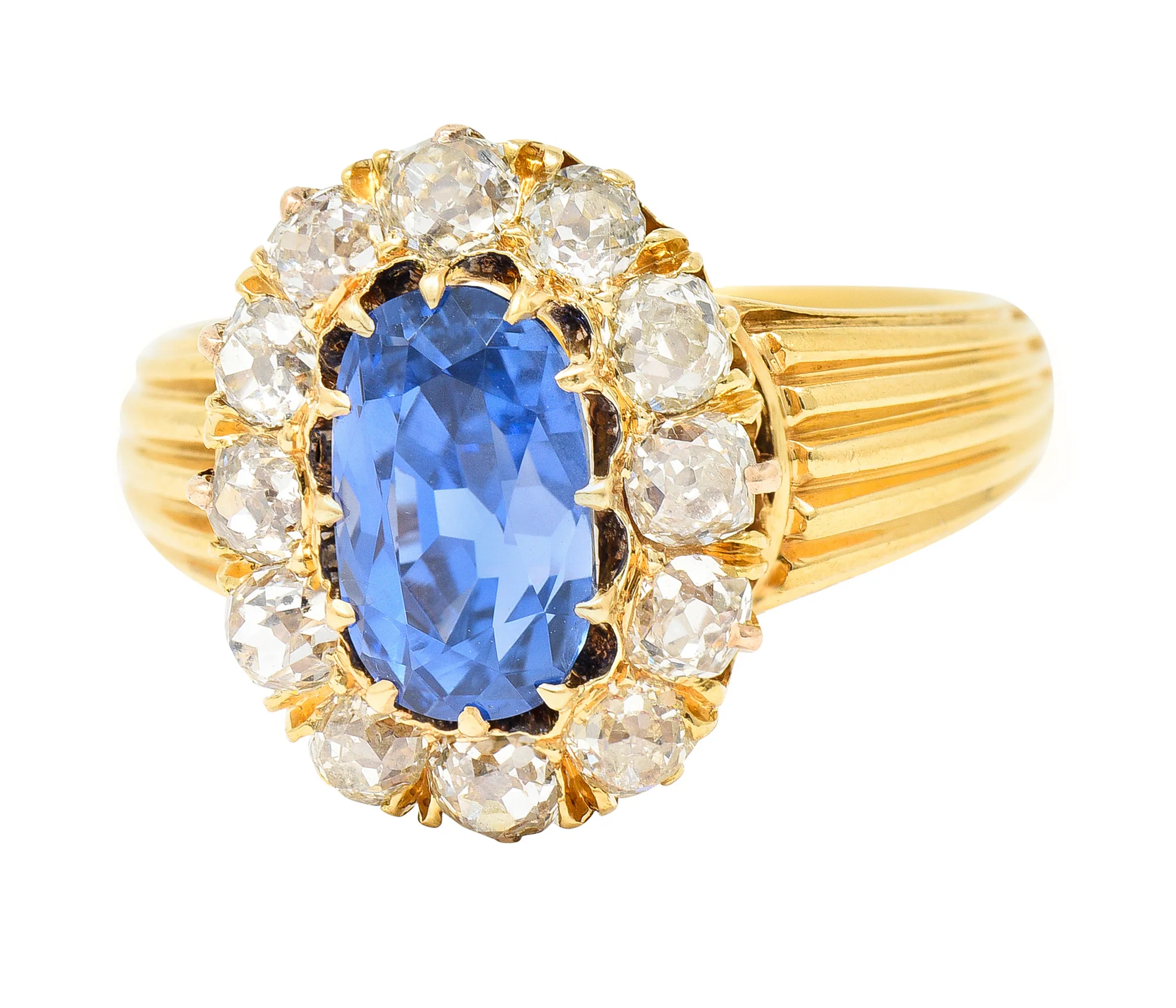 1867 Victorian 4.16 CTW Oval Cut No Heat Ceylon Sapphire Old Mine Cut Diamond 18 Karat Yellow Gold Antique Halo Ring GIA - Image 6