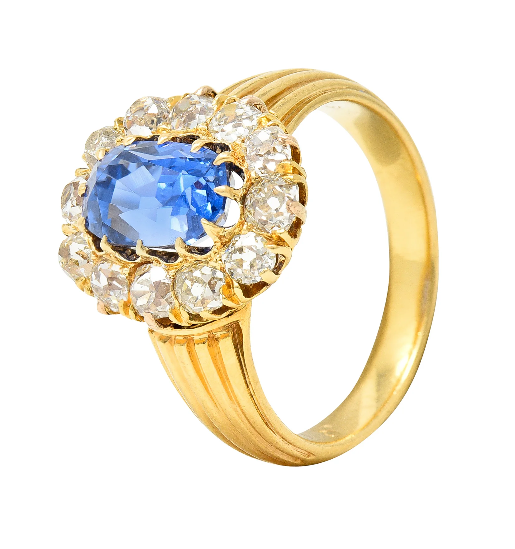 1867 Victorian 4.16 CTW Oval Cut No Heat Ceylon Sapphire Old Mine Cut Diamond 18 Karat Yellow Gold Antique Halo Ring GIA - Image 8