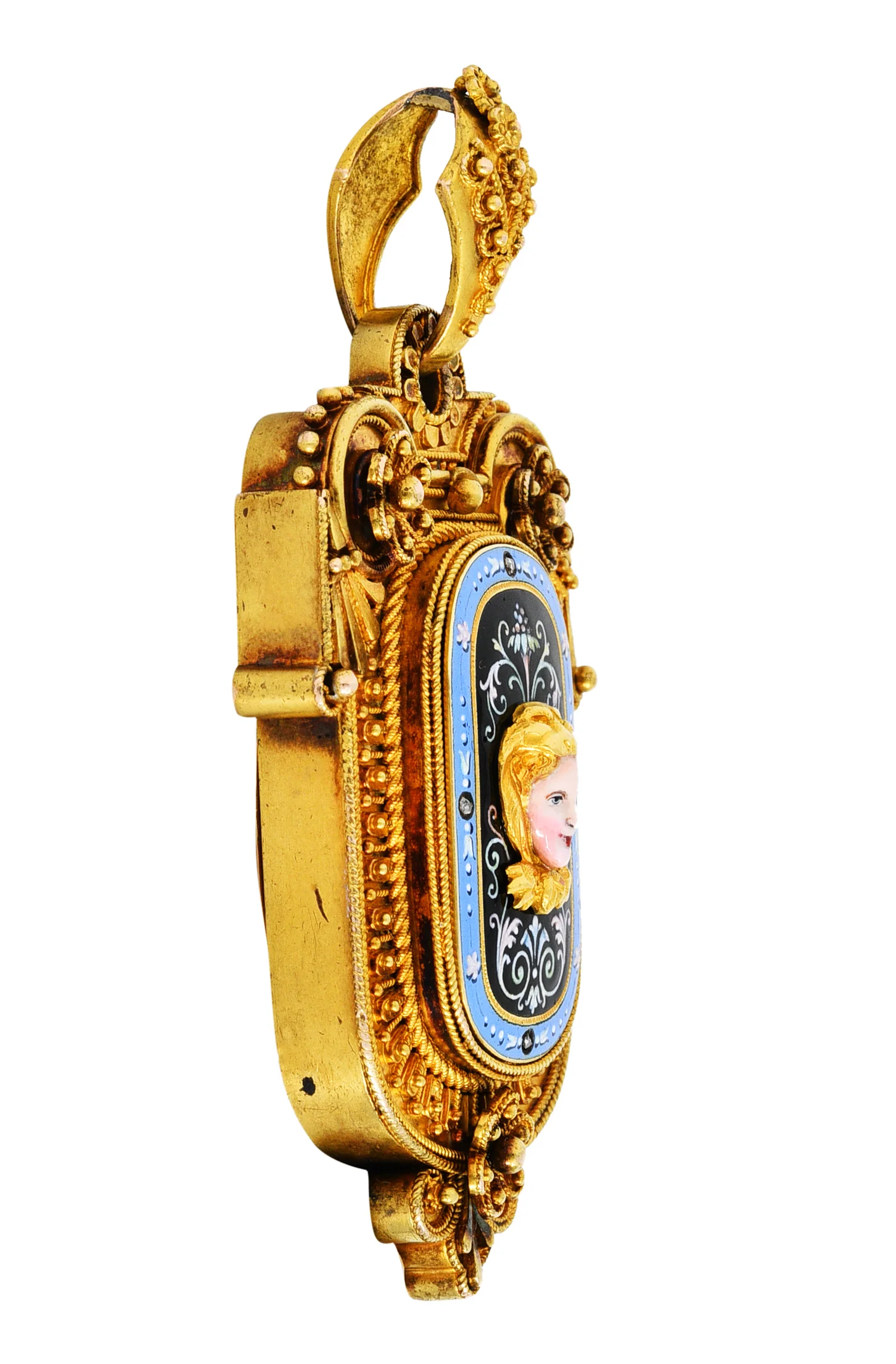 1870's Baroque Enamel Diamond 14 Karat Gold Mourning Locket Pendant - Image 2
