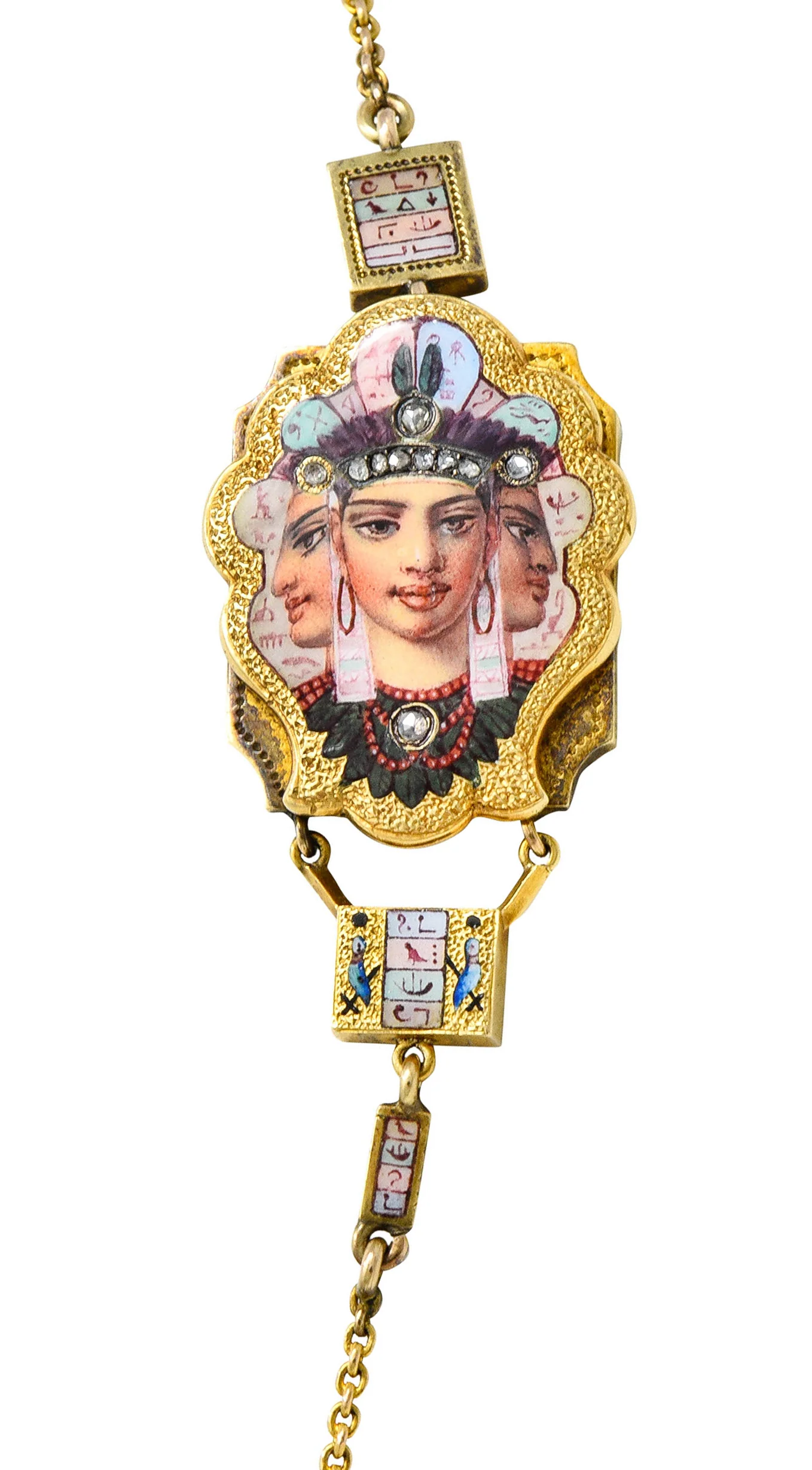 1870's Egyptian Revival Enamel Rose Cut Diamond 18 Karat Gold Goddess Victorian Swag Necklace - Image 10