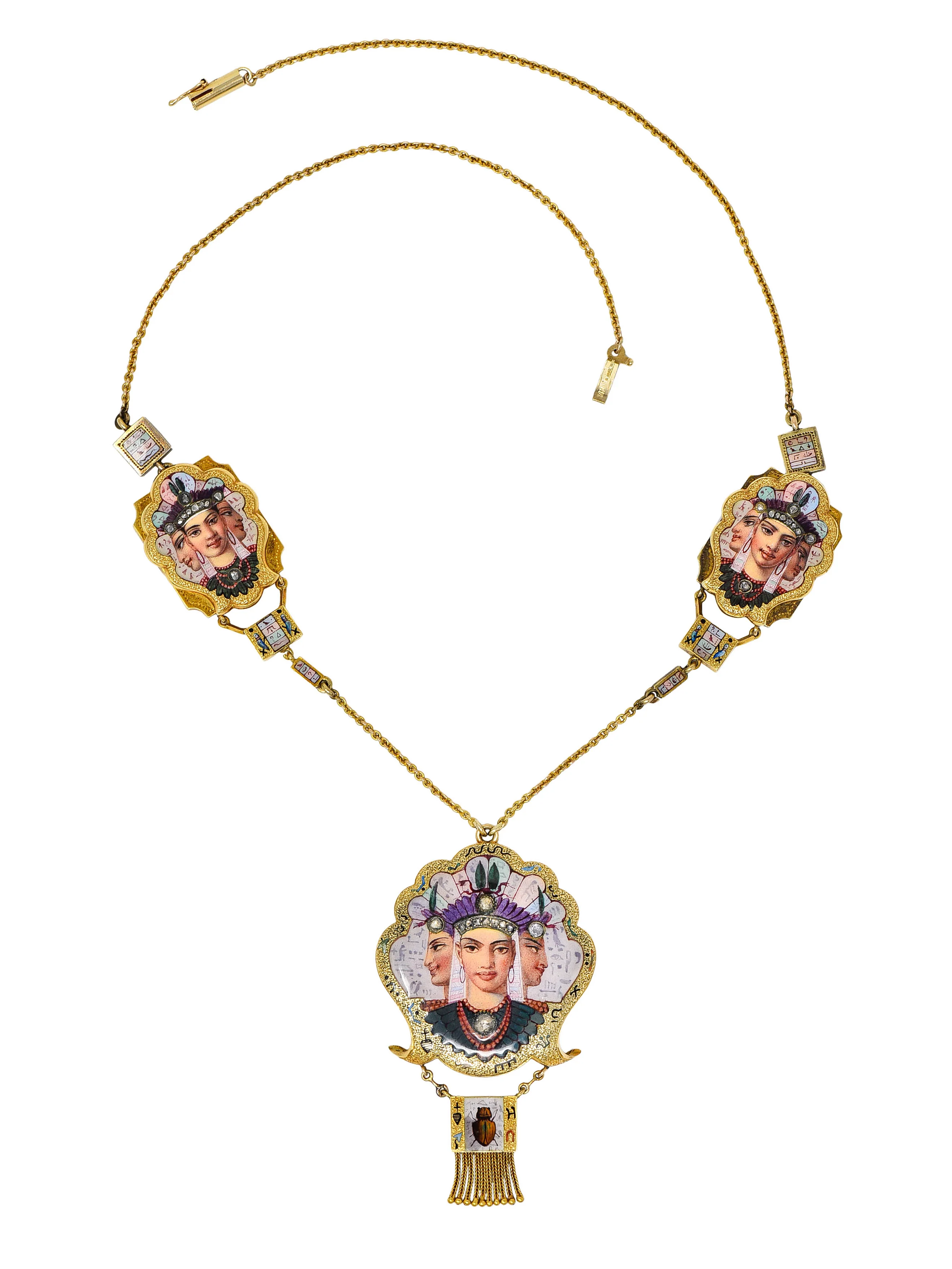 1870's Egyptian Revival Enamel Rose Cut Diamond 18 Karat Gold Goddess Victorian Swag Necklace - Image 2