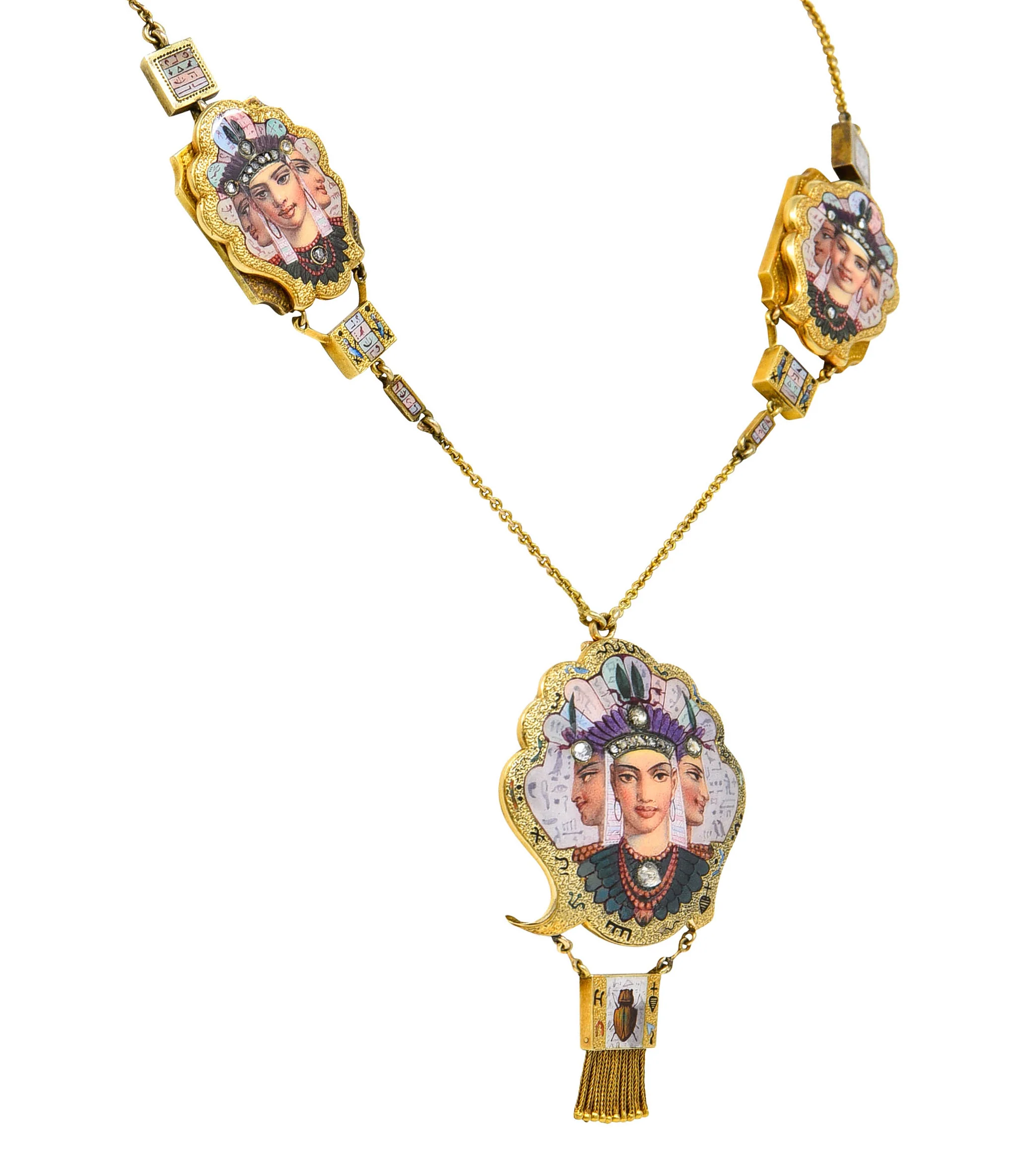 1870's Egyptian Revival Enamel Rose Cut Diamond 18 Karat Gold Goddess Victorian Swag Necklace - Image 3