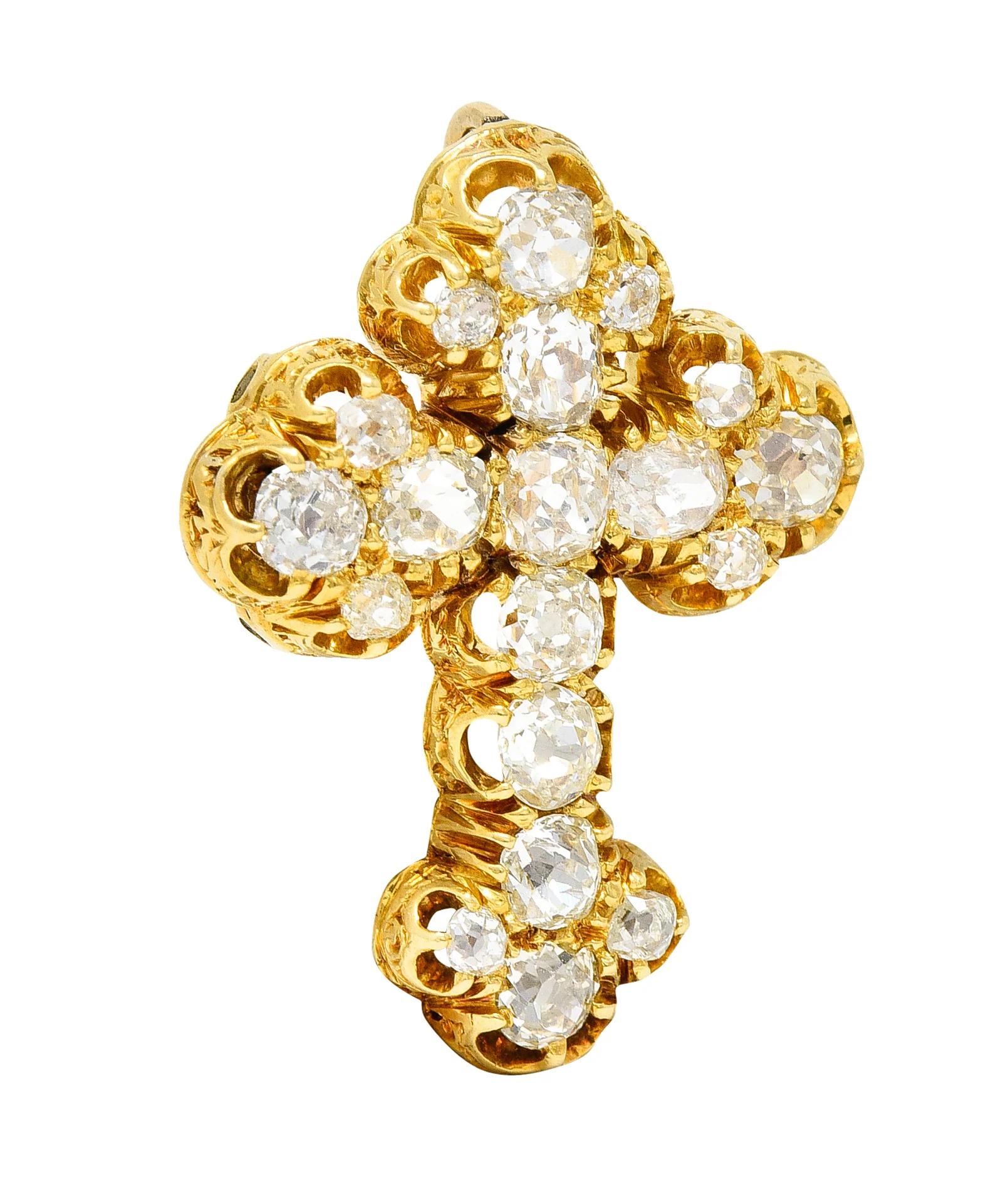1870's Victorian 2.00 CTW Old Mine Diamond 18 Karat Yellow Gold Cross Pendant Brooch - Image 4
