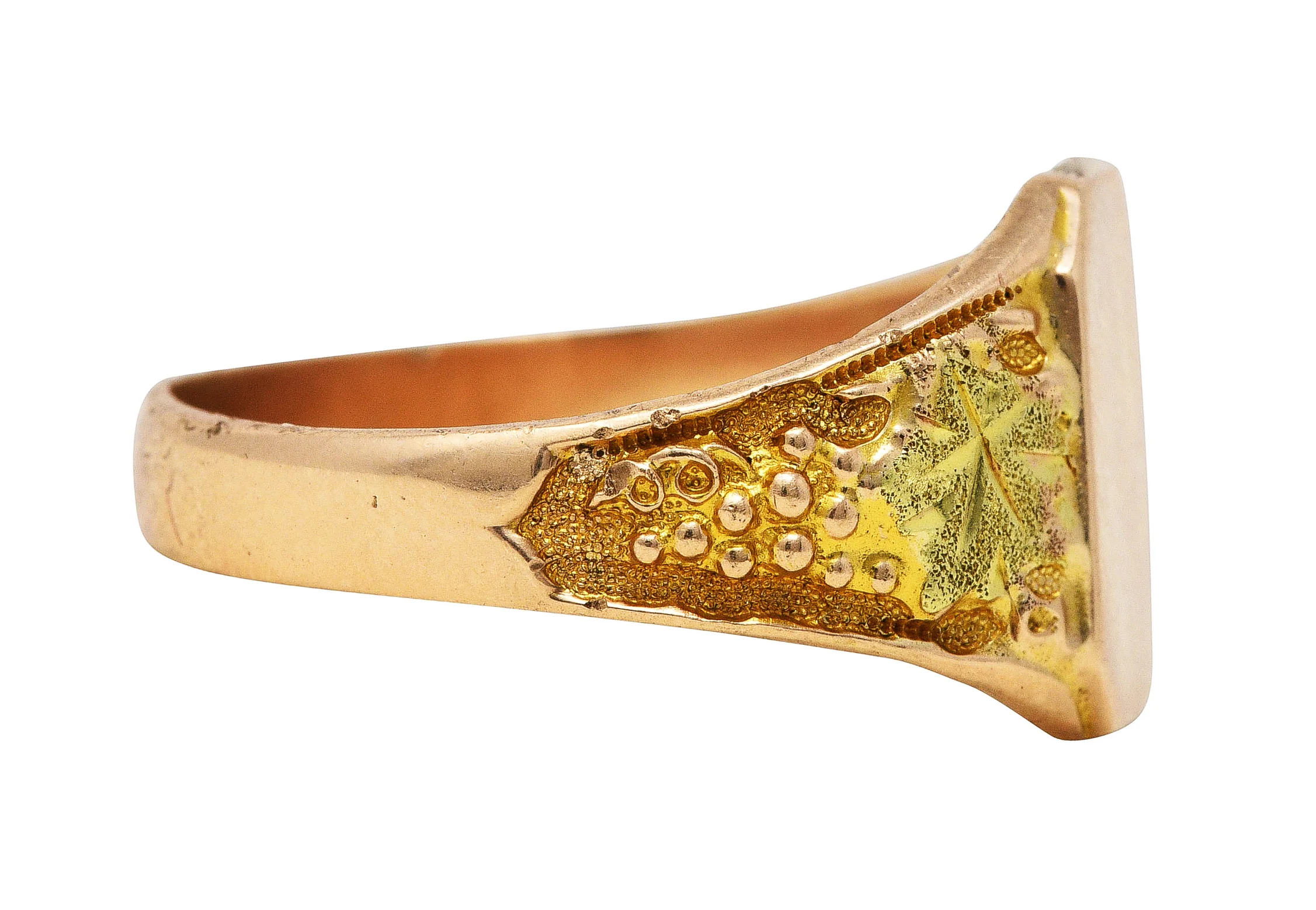 1880's Victorian 10 Karat Two-Tone Gold Grape Vine Unisex Antique Signet Ring - Image 3