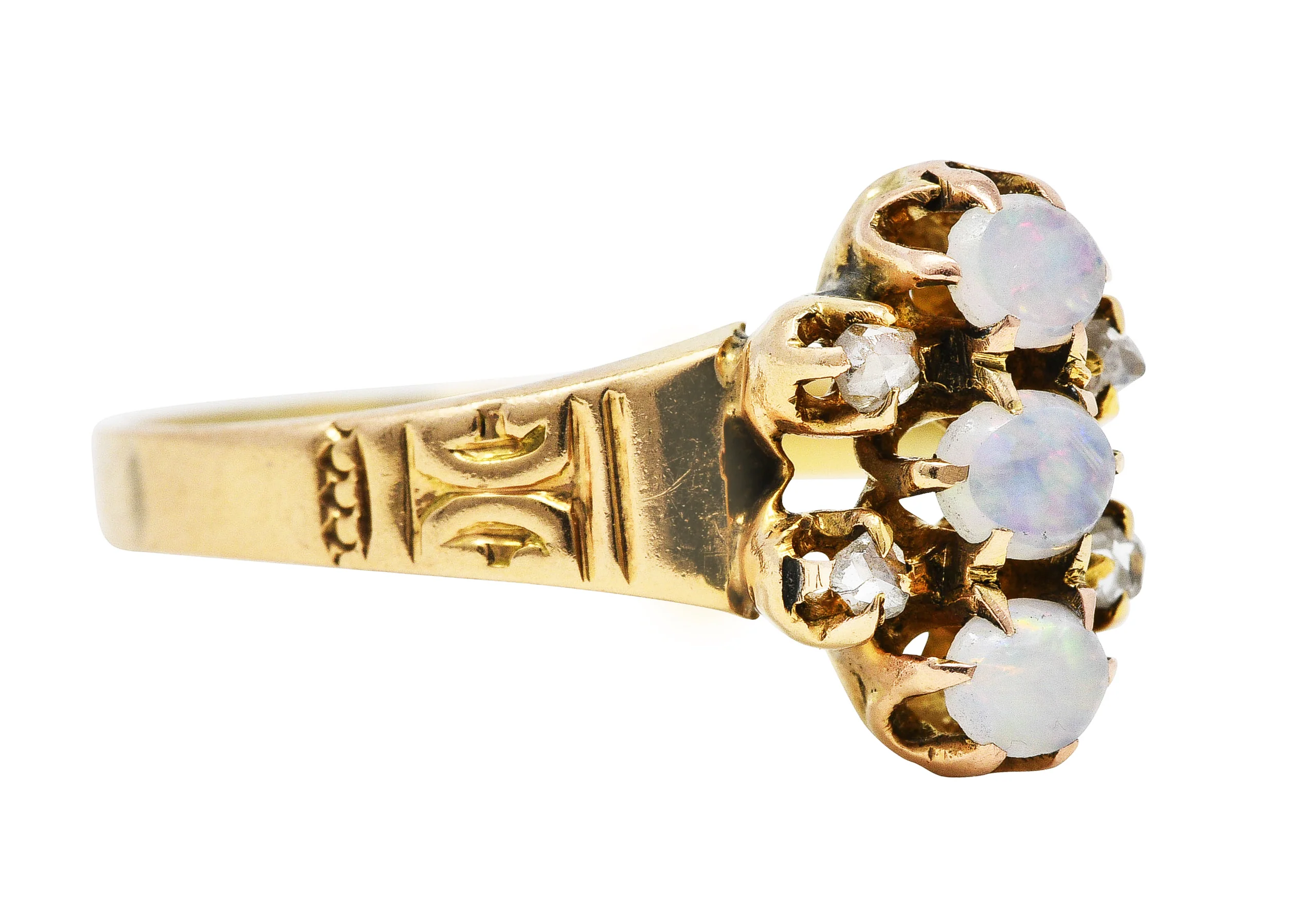1880's Victorian Diamond Jelly Opal 10 Karat Yellow Gold Cluster Ring - Image 2