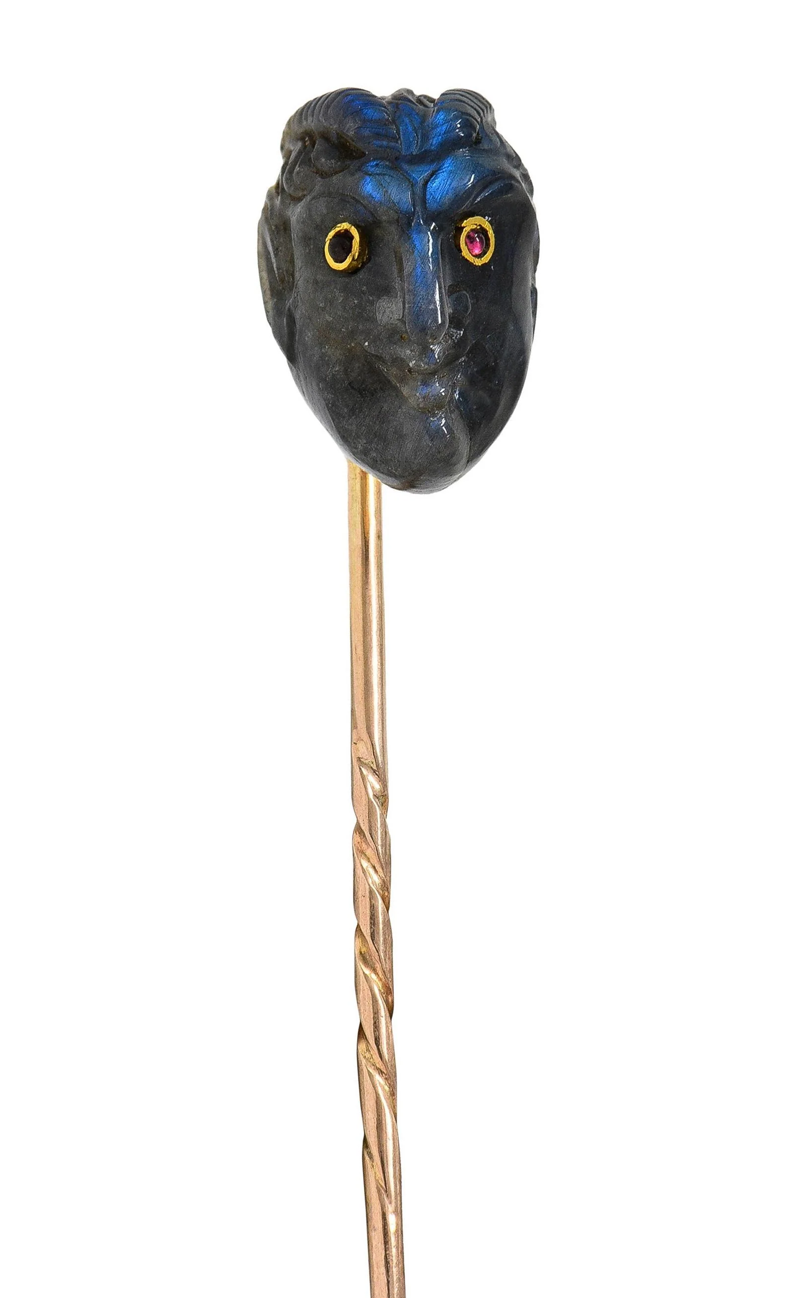 1880's Victorian Labradorite Ruby 14 Karat Yellow Gold Devil Carved Antique Stickpin - Image 11