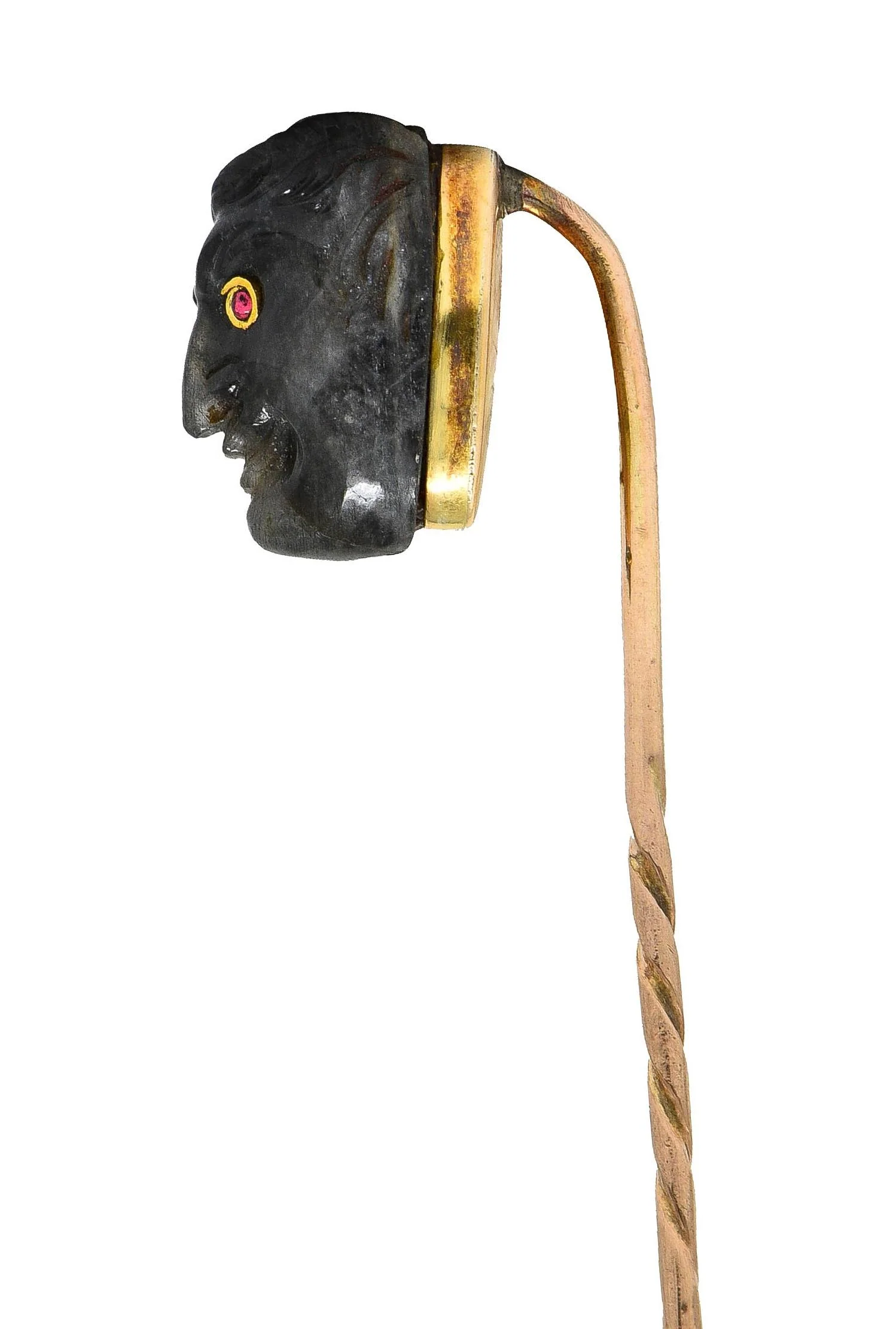 1880's Victorian Labradorite Ruby 14 Karat Yellow Gold Devil Carved Antique Stickpin - Image 3