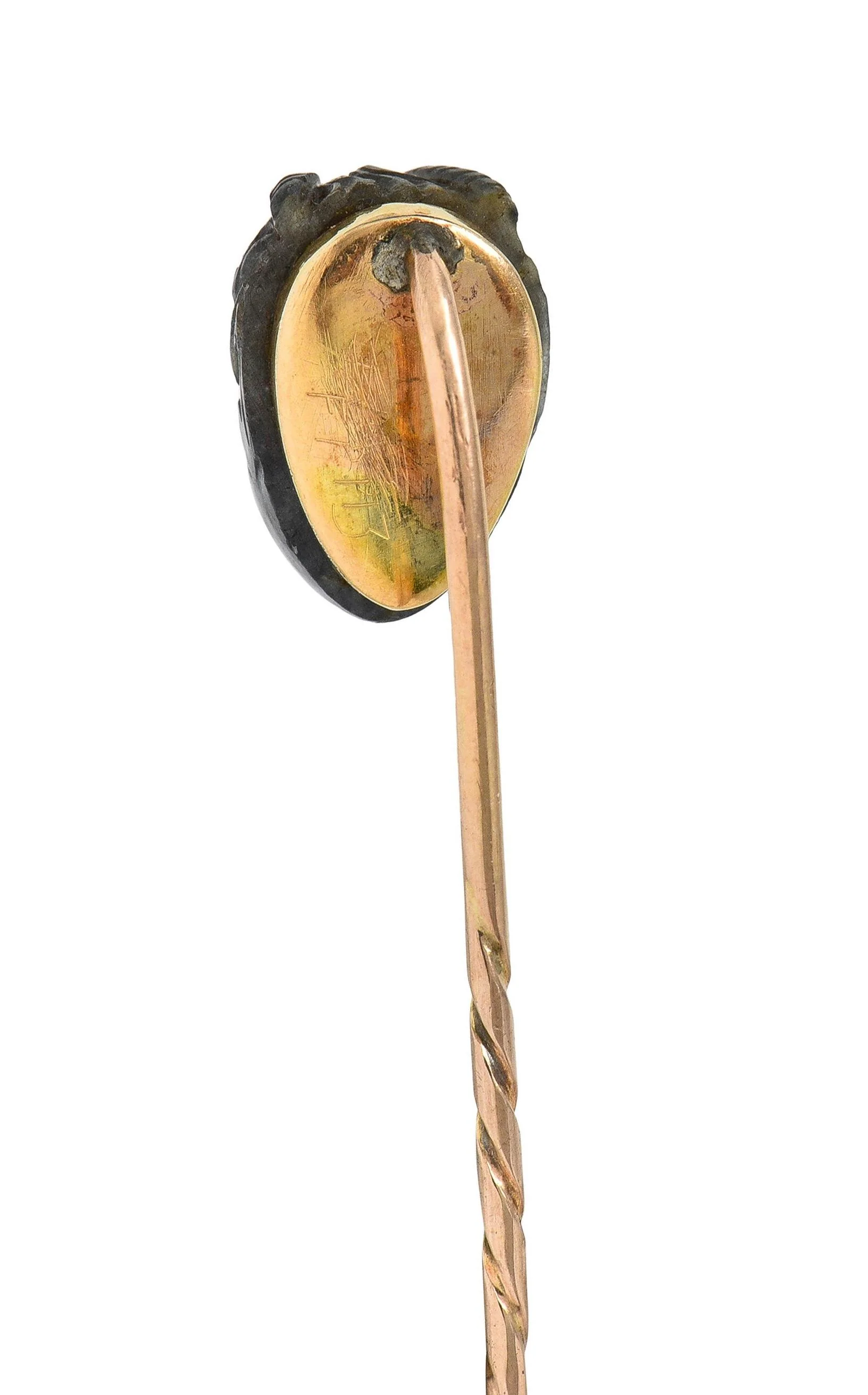 1880's Victorian Labradorite Ruby 14 Karat Yellow Gold Devil Carved Antique Stickpin - Image 4
