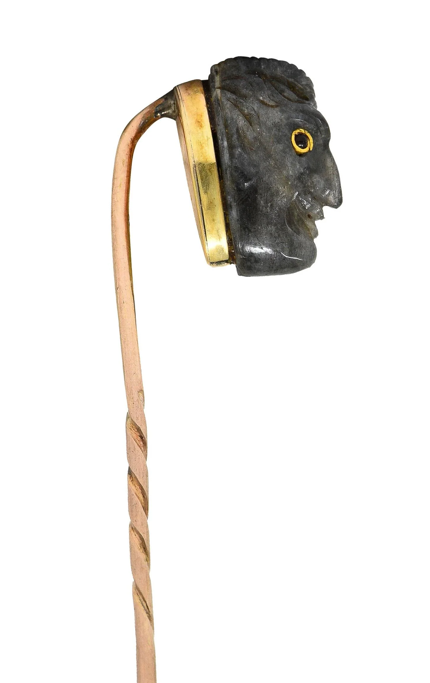 1880's Victorian Labradorite Ruby 14 Karat Yellow Gold Devil Carved Antique Stickpin - Image 5