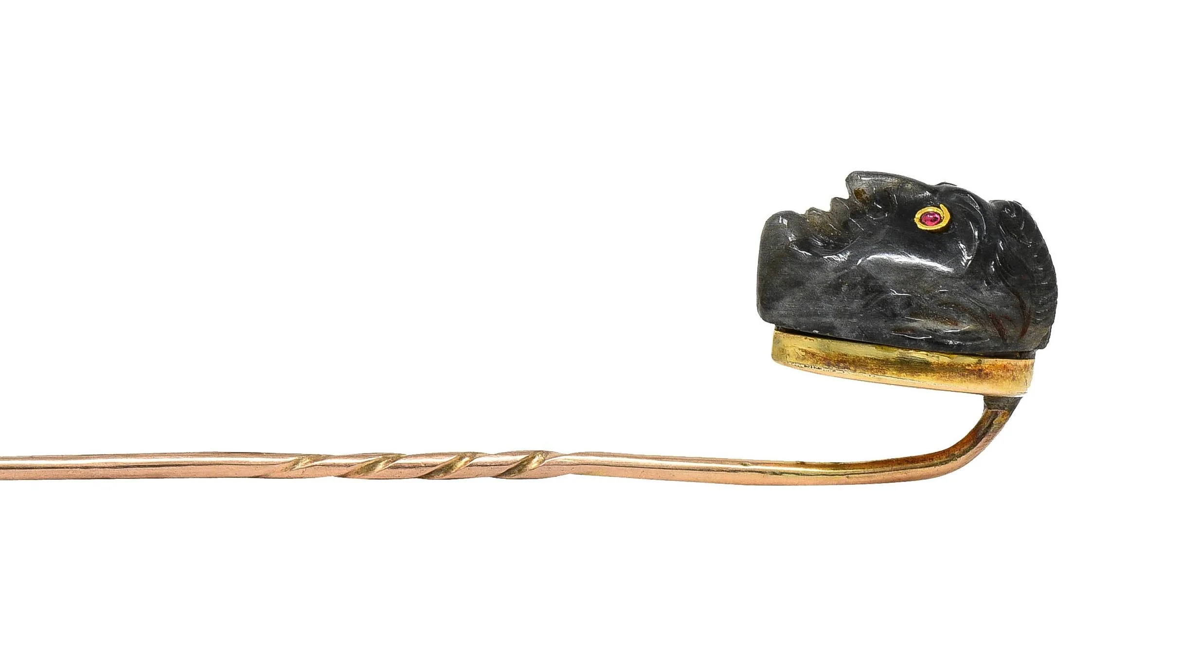 1880's Victorian Labradorite Ruby 14 Karat Yellow Gold Devil Carved Antique Stickpin - Image 8