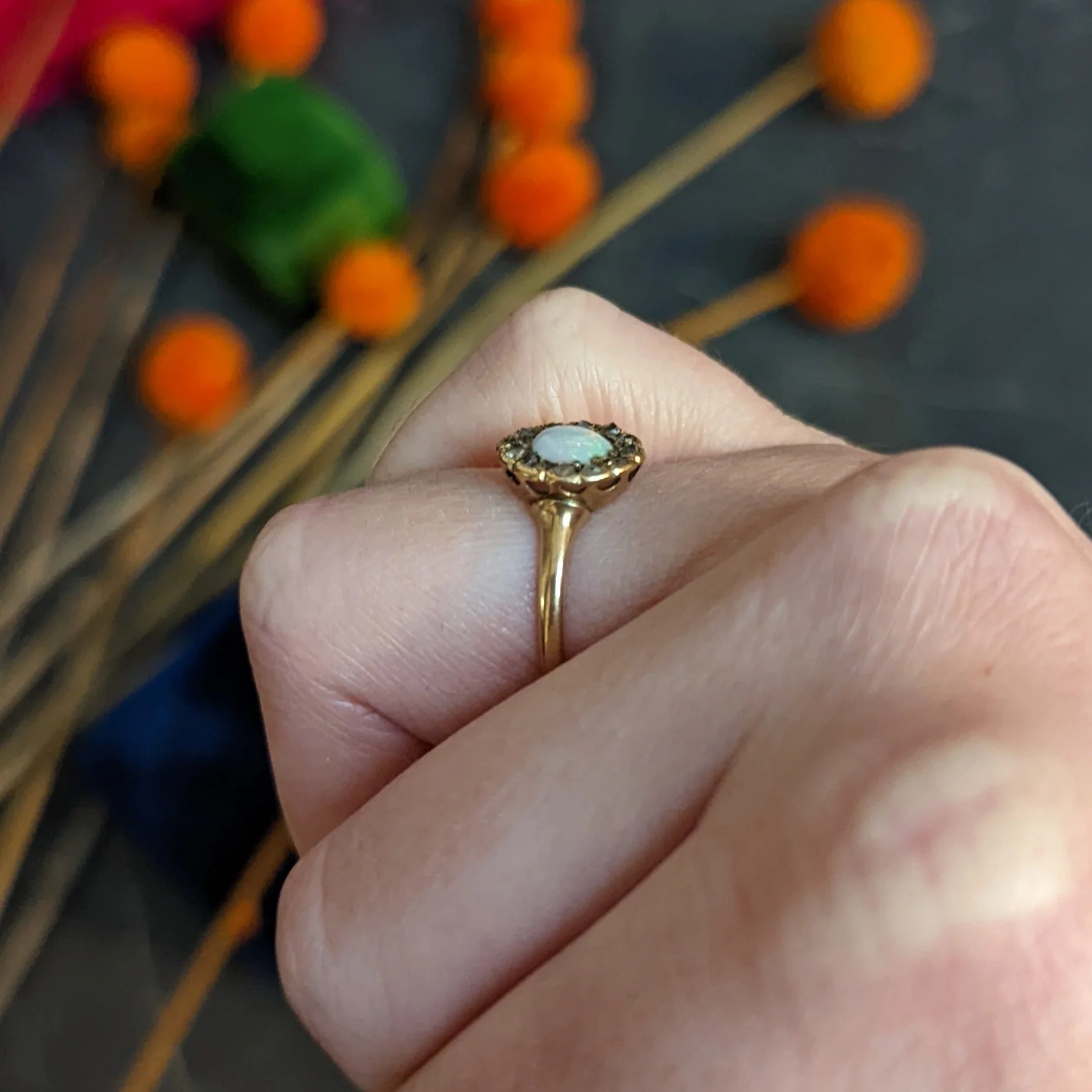1880's Victorian Opal Diamond 14 Karat Rose Gold Cluster Ring - Image 10