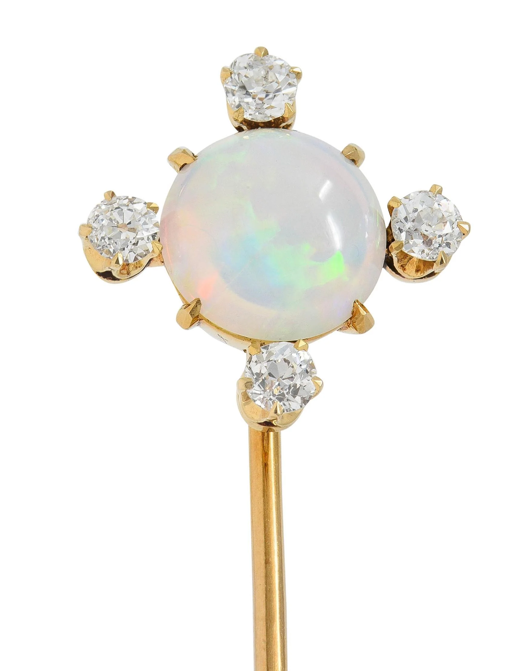 1880's Victorian Opal Diamond 18 Karat Yellow Gold Antique Quatrefoil Stickpin - Image 6