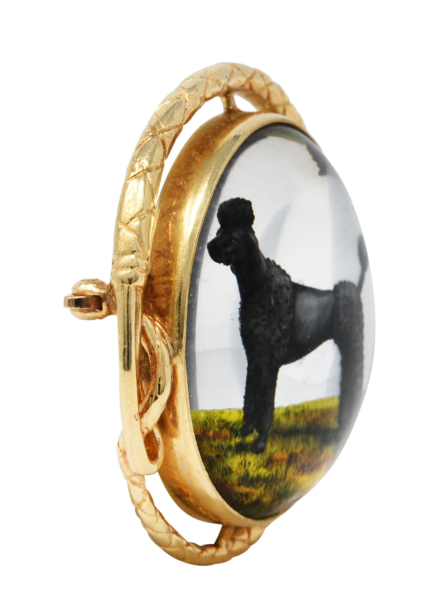 1880's Victorian Reverse Carved Rock Crystal 14 Karat Gold Poodle Brooch - Image 2