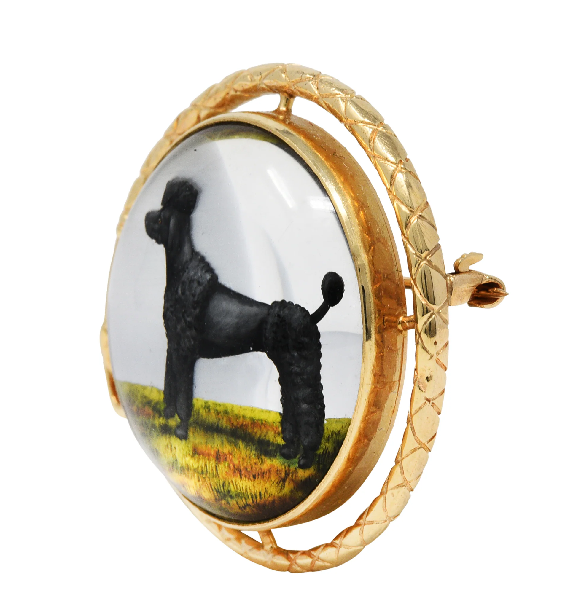 1880's Victorian Reverse Carved Rock Crystal 14 Karat Gold Poodle Brooch - Image 4