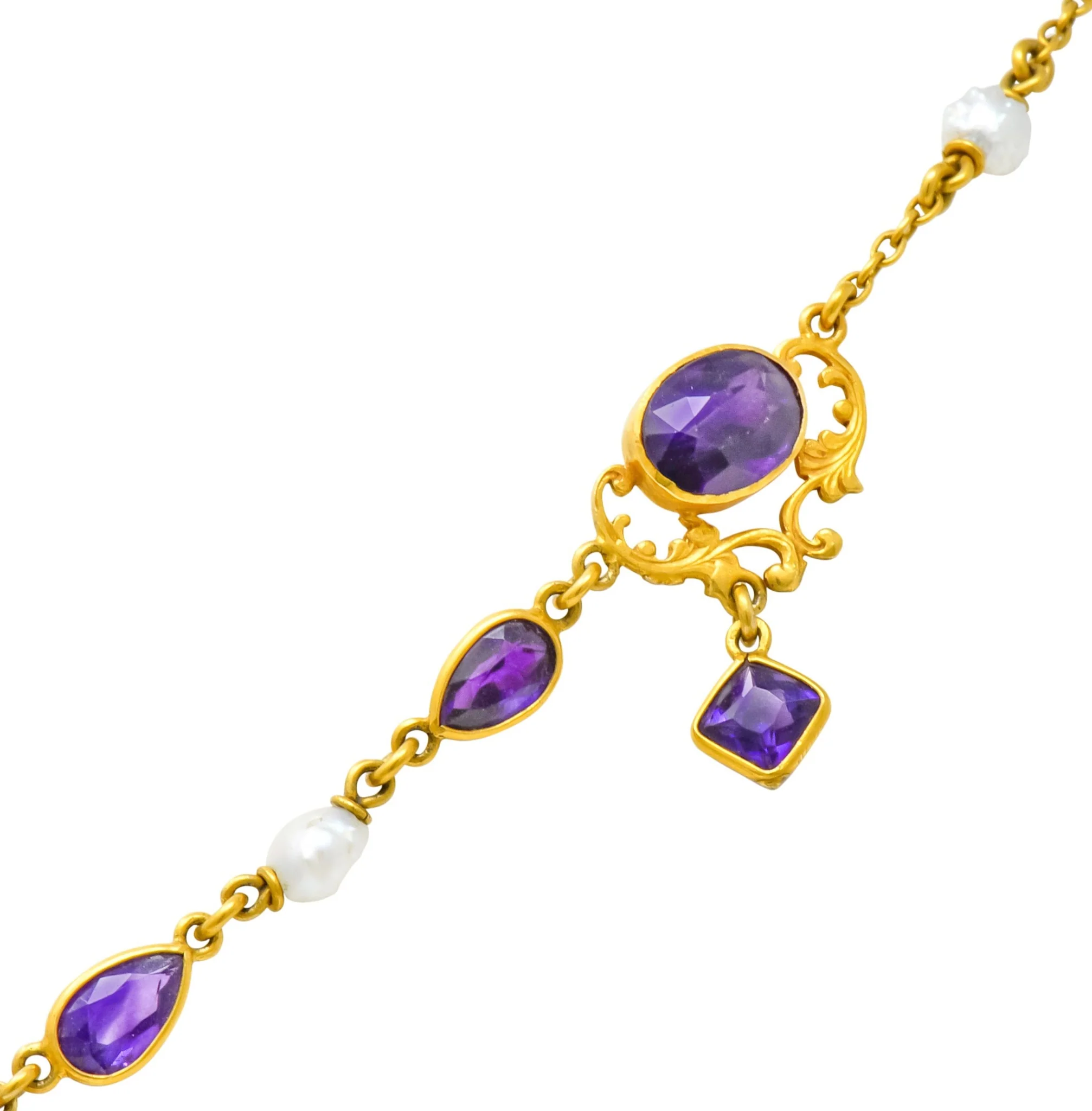 1890 Victorian Amethyst Pearl 14 Karat Gold Drop Necklace - Image 9