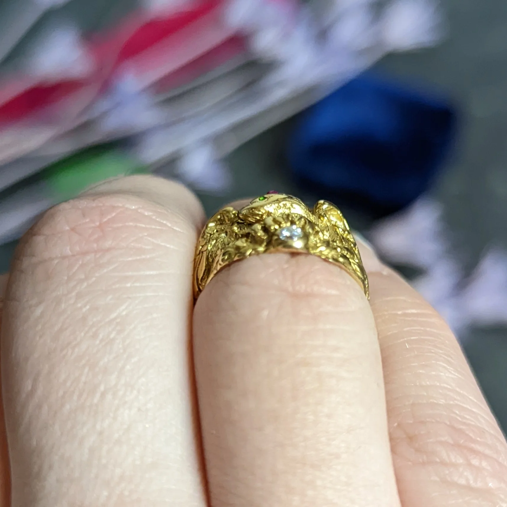 1890 Victorian Diamond Ruby 14 Karat Gold Eagle Ring - Image 11