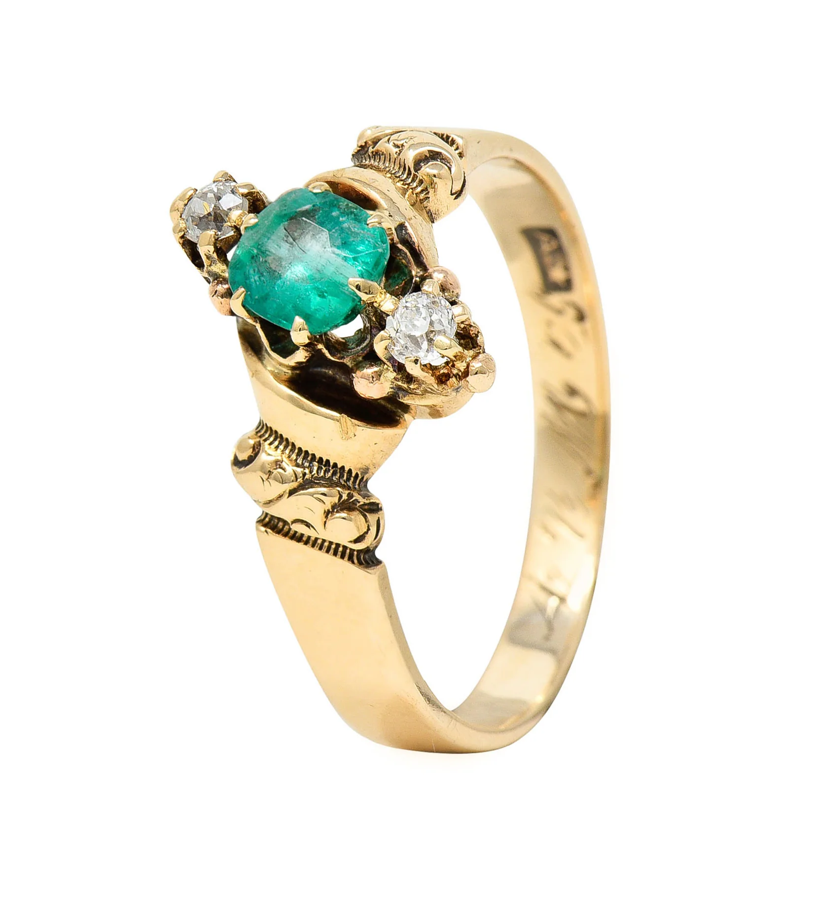 1890's Allsopp Bros. 0.55 CTW Emerald Diamond 14 Karat Gold Three Stone Ring - Image 9