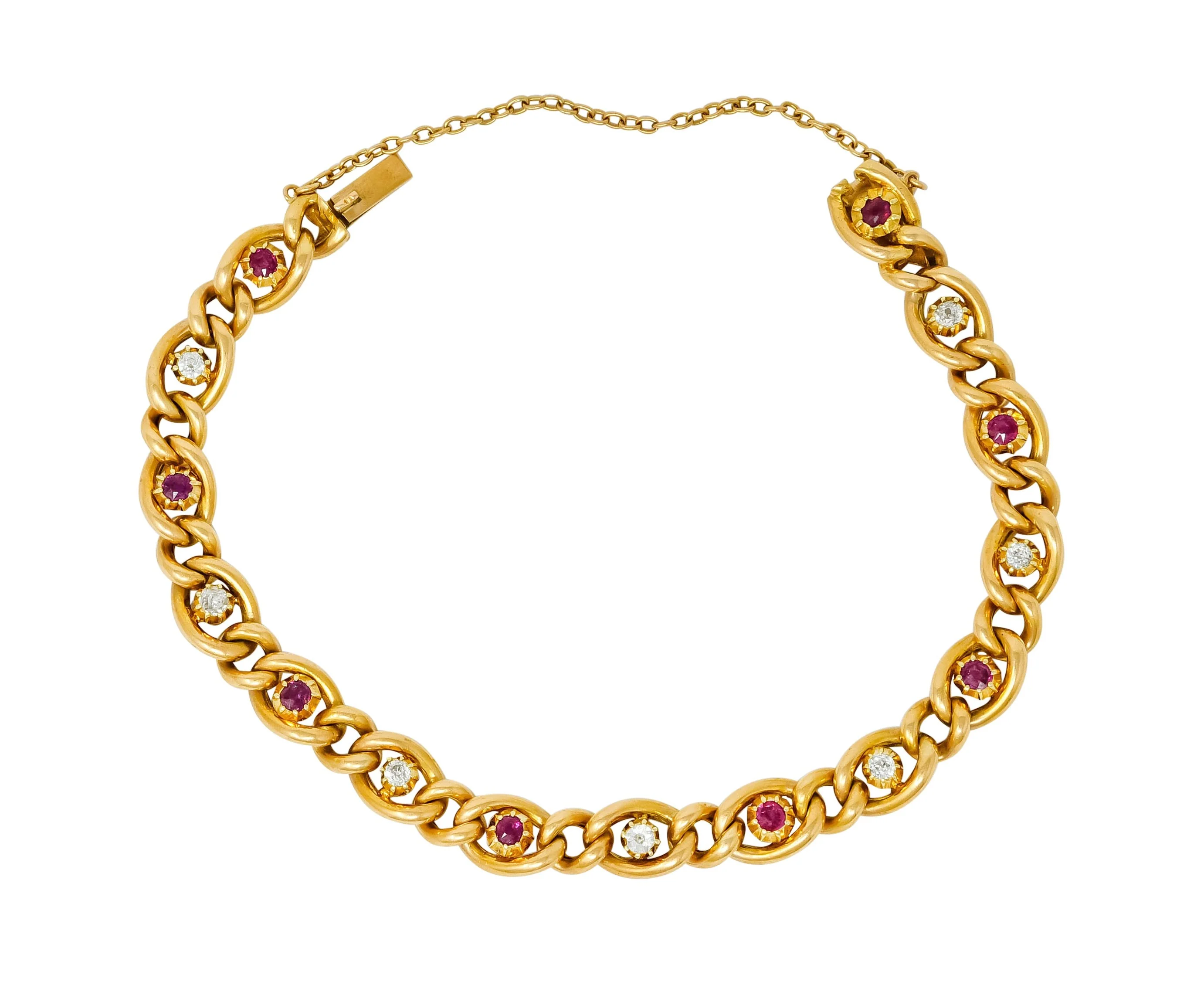 1890s Victorian 1.52 CTW Ruby Diamond 15 Karat Gold Link Bracelet - Image 2