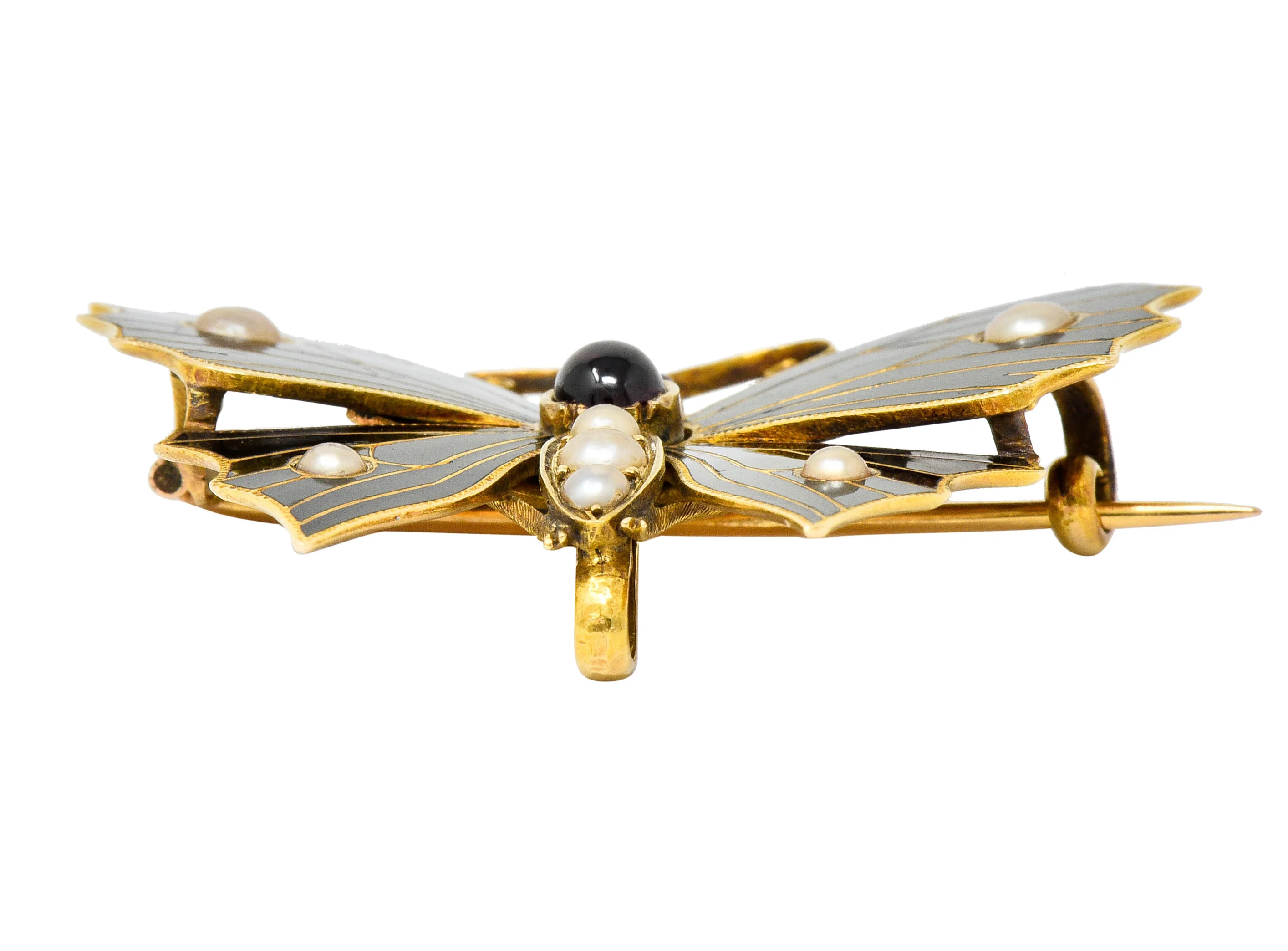 1890's Victorian Garnet Pearl Ruby Enamel 18 Karat Gold Butterfly Watch Pin Brooch - Image 7