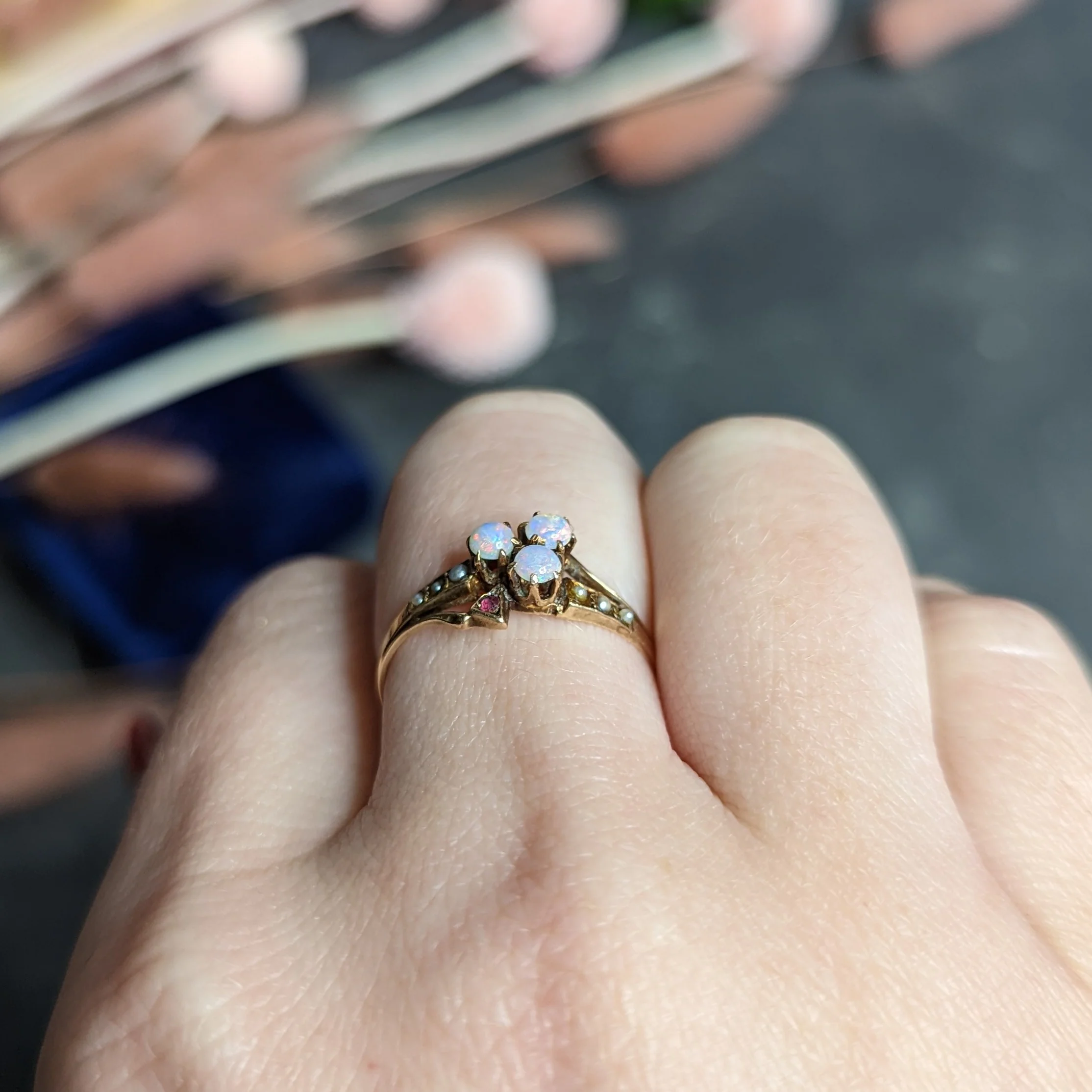 1890's Victorian Opal Ruby Seed Pearl 14 Karat Rose Gold Clover Ring - Image 11