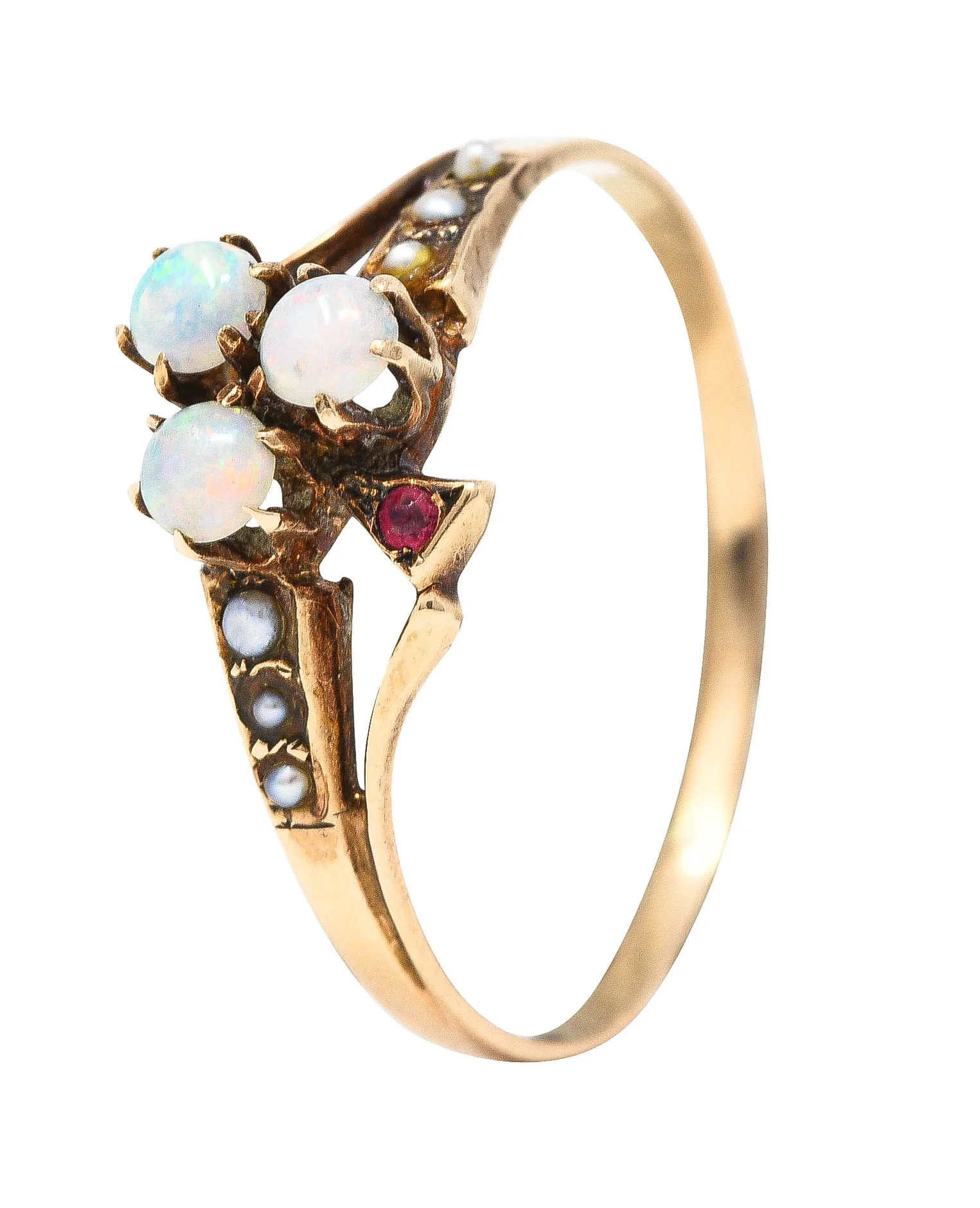 1890's Victorian Opal Ruby Seed Pearl 14 Karat Rose Gold Clover Ring - Image 8