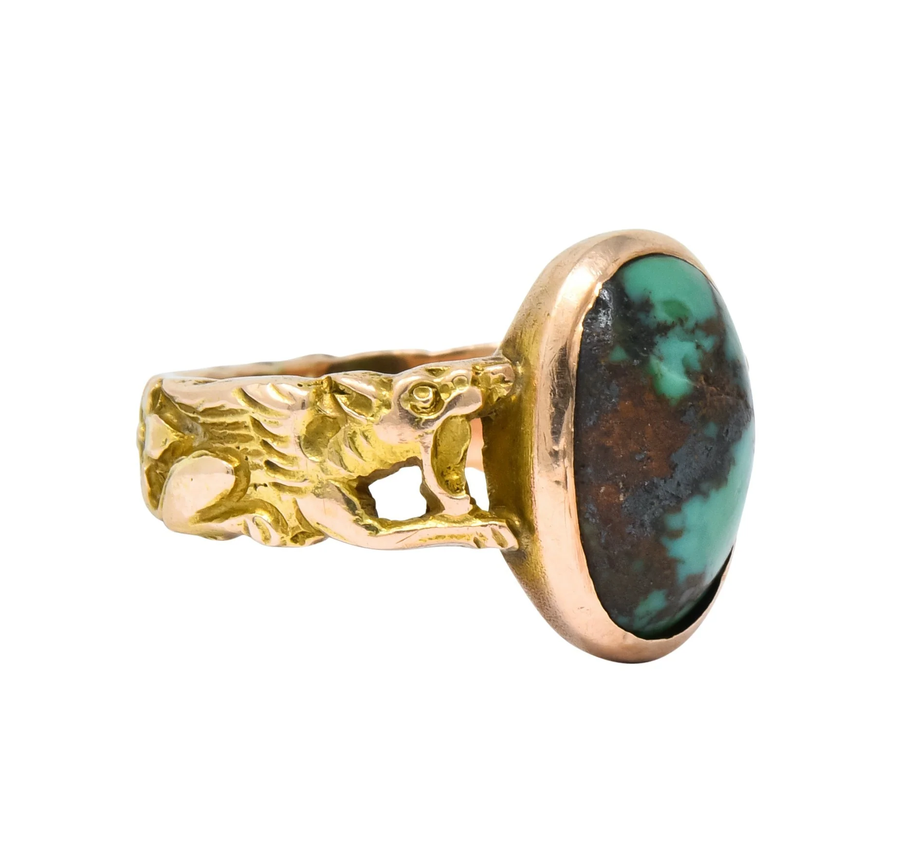 1900 Art Nouveau Turquoise 14 Karat Gold Simargl Band Ring - Image 2