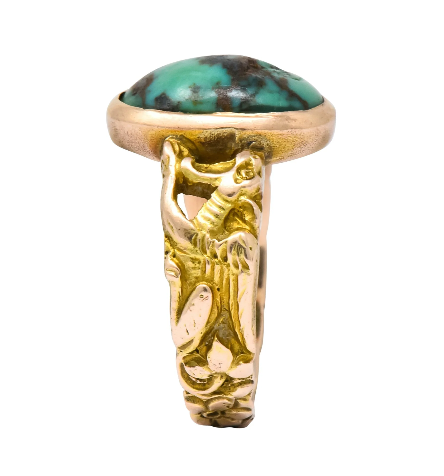 1900 Art Nouveau Turquoise 14 Karat Gold Simargl Band Ring - Image 9