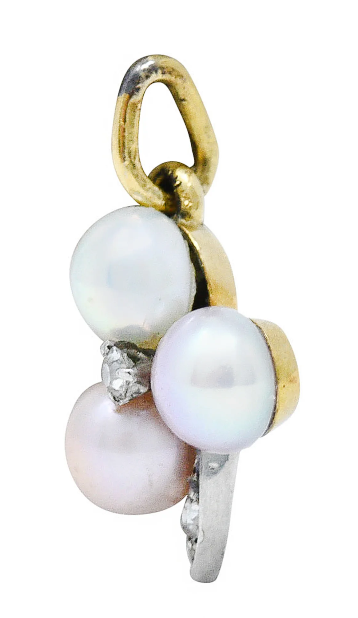 1900 Edwardian Diamond Pearl Platinum-Topped 18 Karat Gold Clover Charm - Image 2