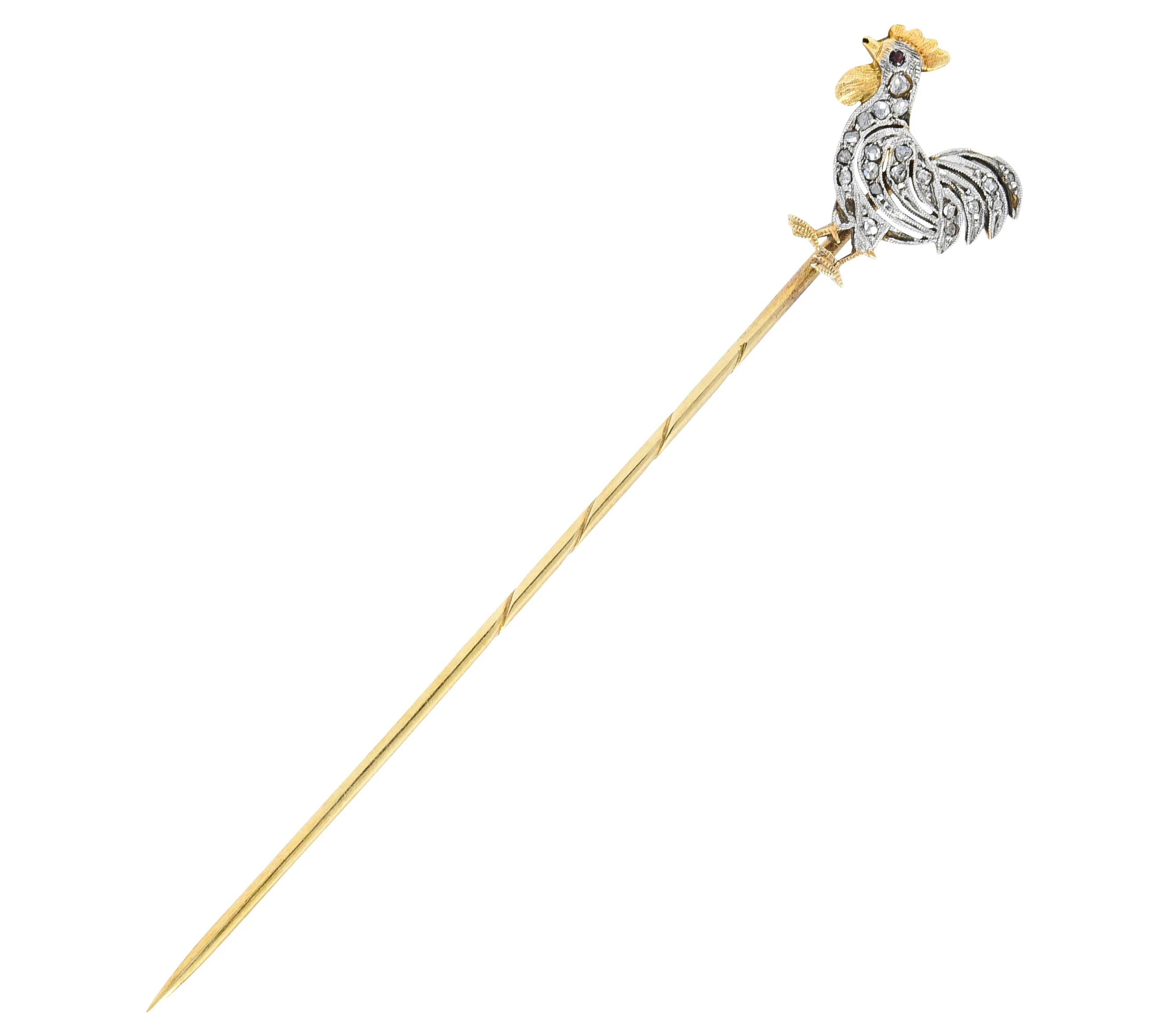 1900 Edwardian Diamond Platinum-Topped 14K Gold Rooster Stickpin - Image 2