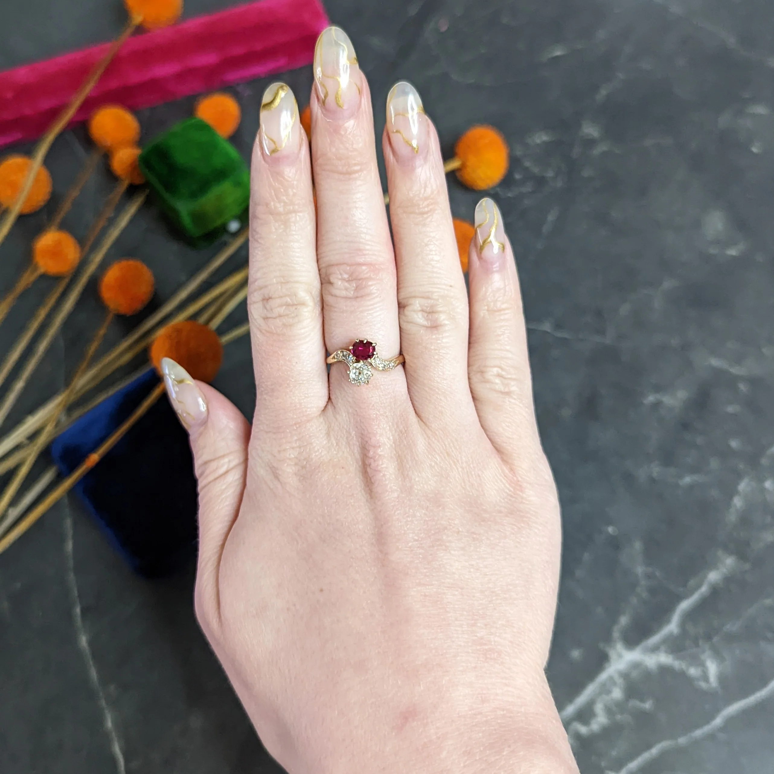 1900 Victorian 1.30 CTW Ruby Diamond 14 Karat Gold Toi Et Moi Ring - Image 14