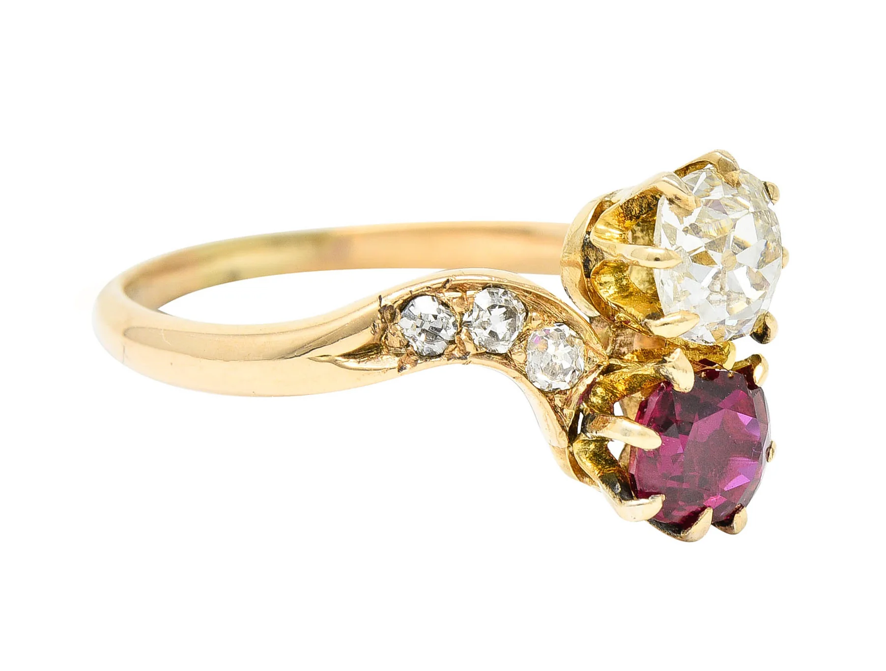 1900 Victorian 1.30 CTW Ruby Diamond 14 Karat Gold Toi Et Moi Ring - Image 2