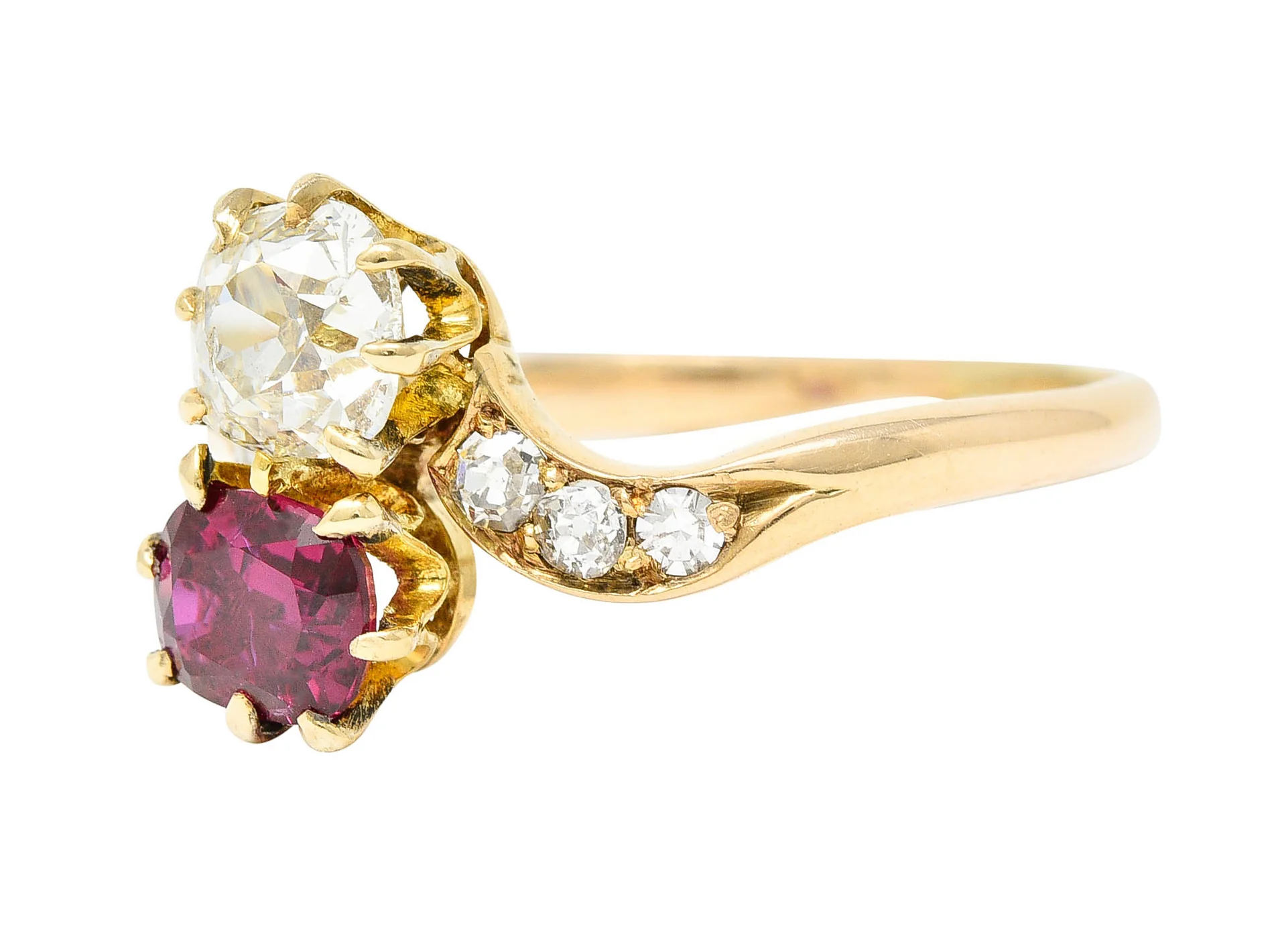 1900 Victorian 1.30 CTW Ruby Diamond 14 Karat Gold Toi Et Moi Ring - Image 6