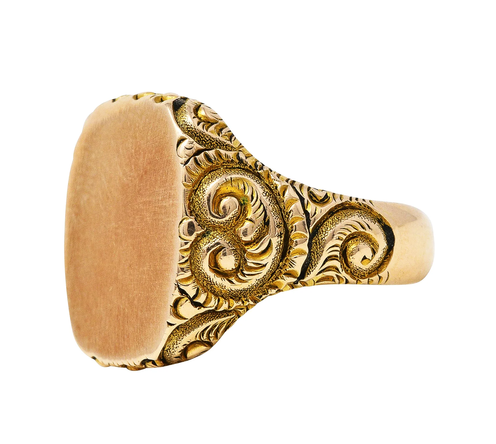 1900 Victorian 14 Karat Yellow Gold Scrolling Cushion Signet Ring - Image 2