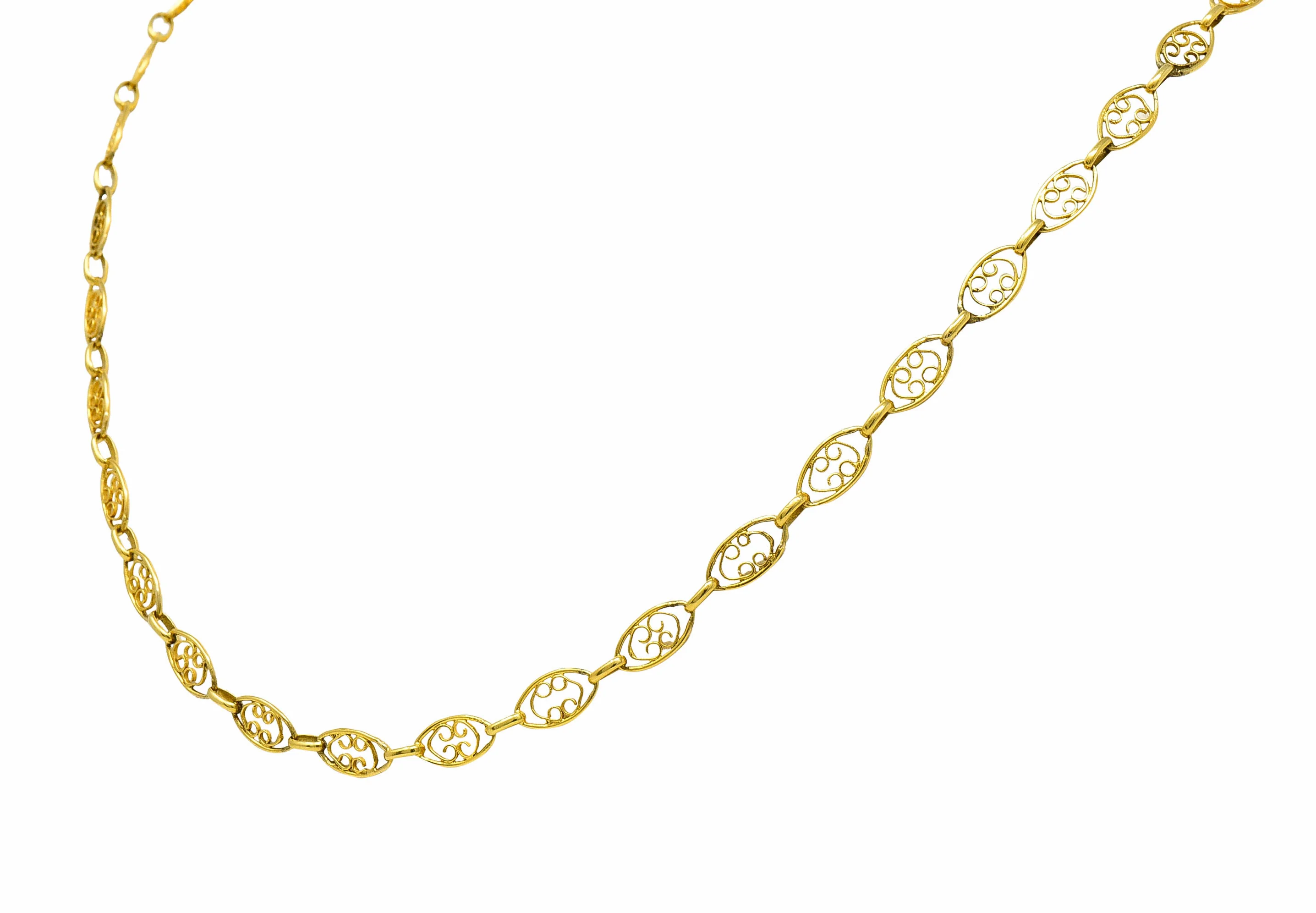 1900 Victorian 18 Karat Gold 24 Inch Scrolled Navette Chain Link Necklace - Image 3