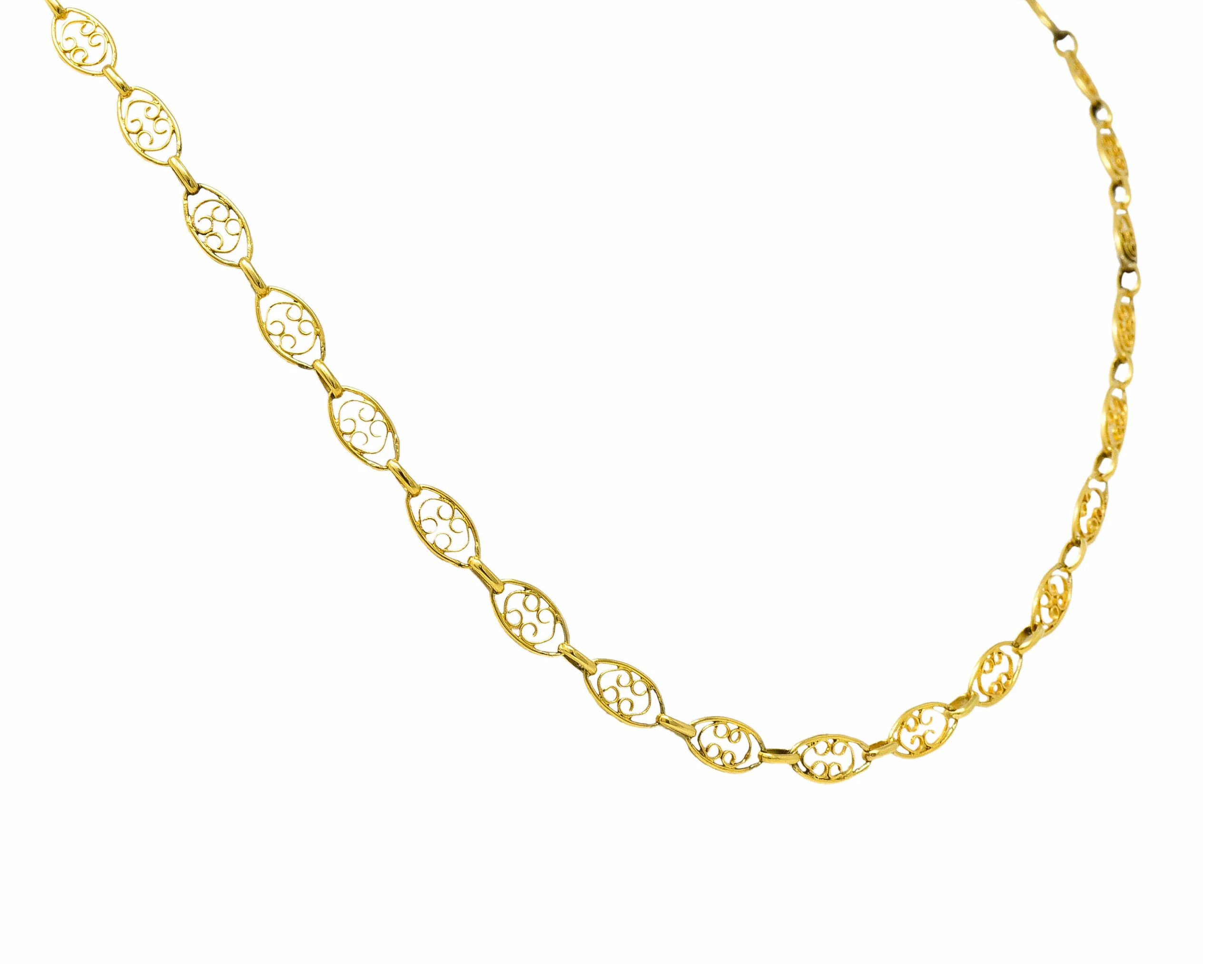 1900 Victorian 18 Karat Gold 24 Inch Scrolled Navette Chain Link Necklace - Image 4