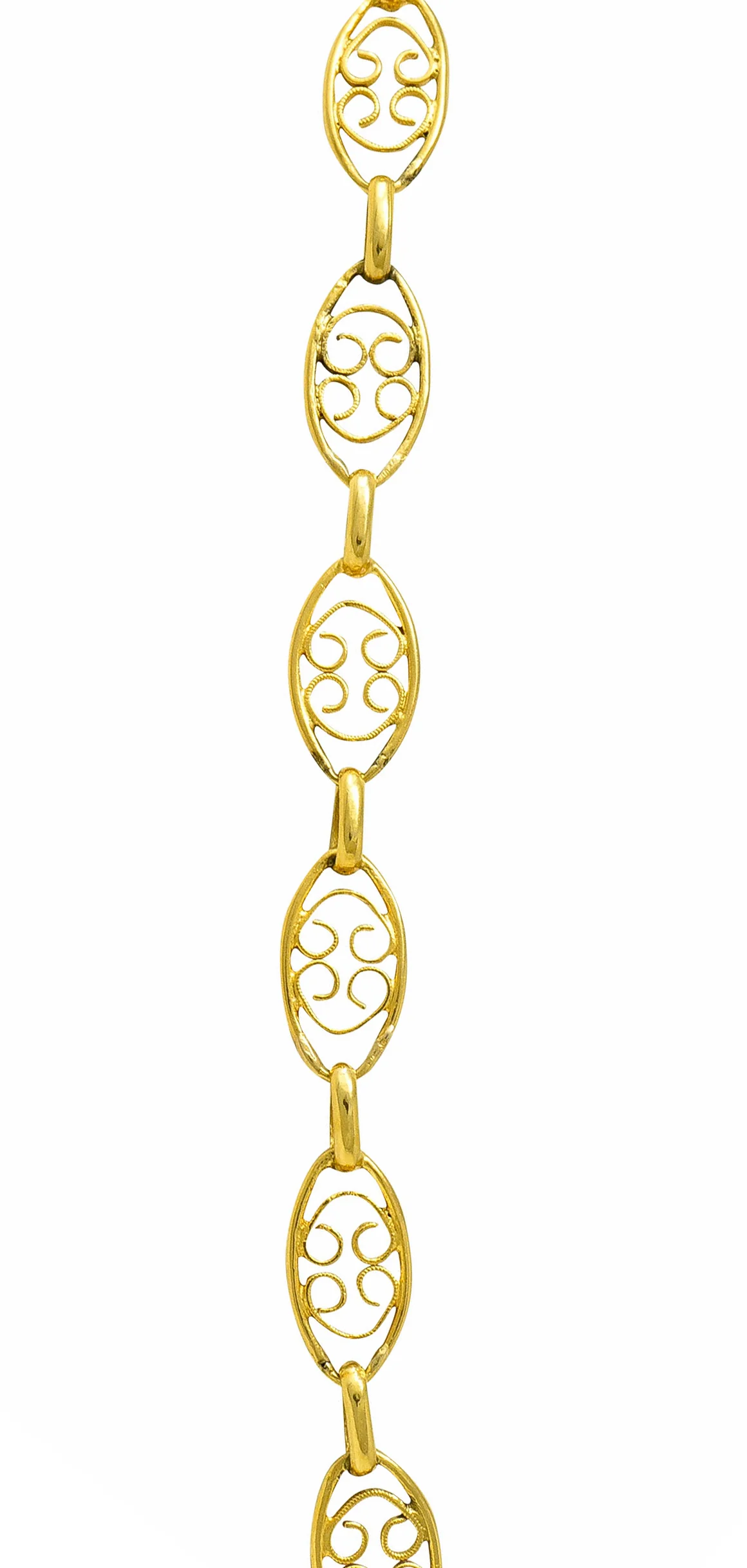 1900 Victorian 18 Karat Gold 24 Inch Scrolled Navette Chain Link Necklace - Image 5