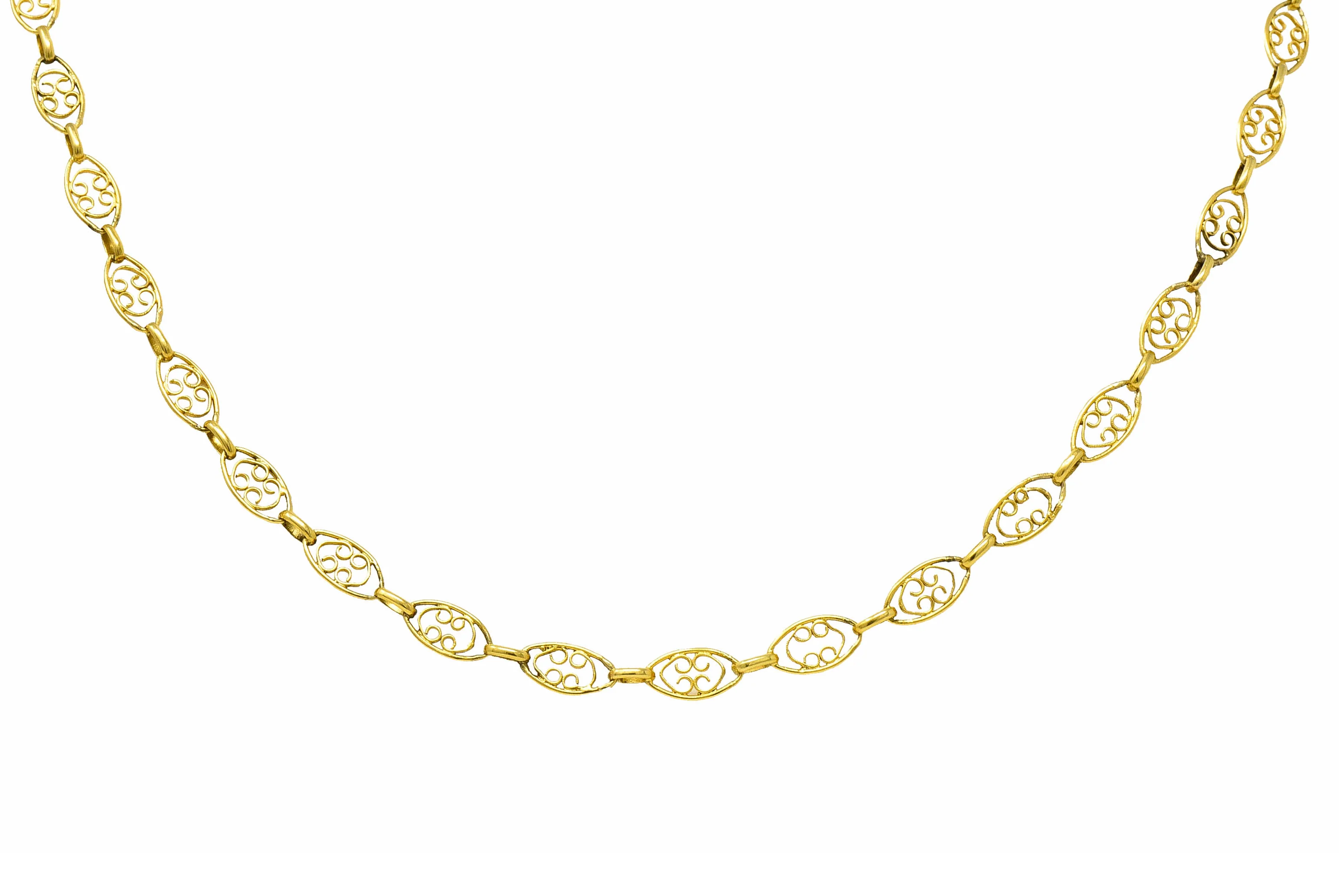 1900 Victorian 18 Karat Gold 24 Inch Scrolled Navette Chain Link Necklace - Image 8
