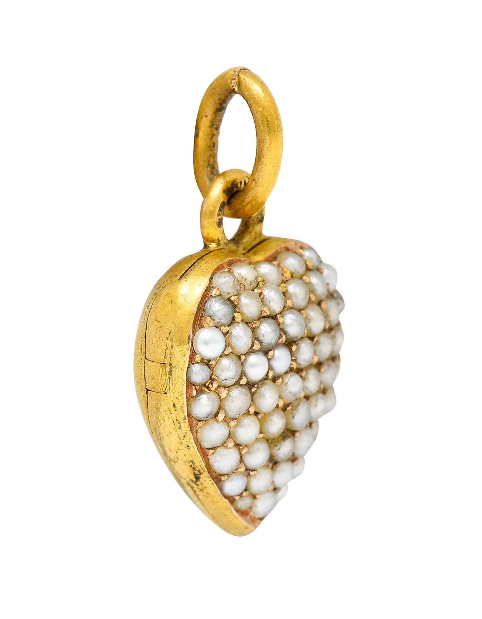 1900 Victorian Natural Freshwater Pearl 18 Karat Gold Heart Locket Charm - Image 5
