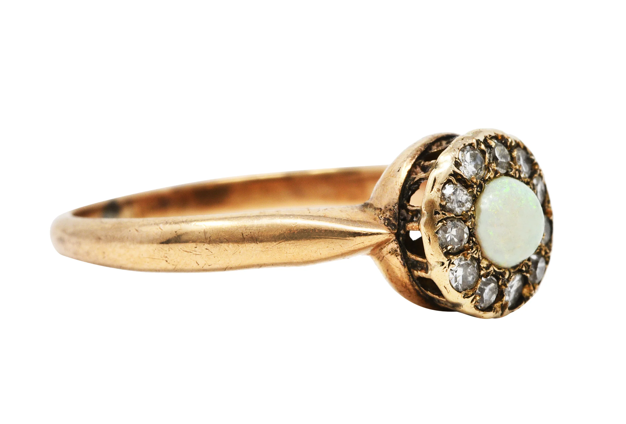 1900 Victorian Opal Diamond 14 Karat Rose Gold Small Cluster Ring - Image 2