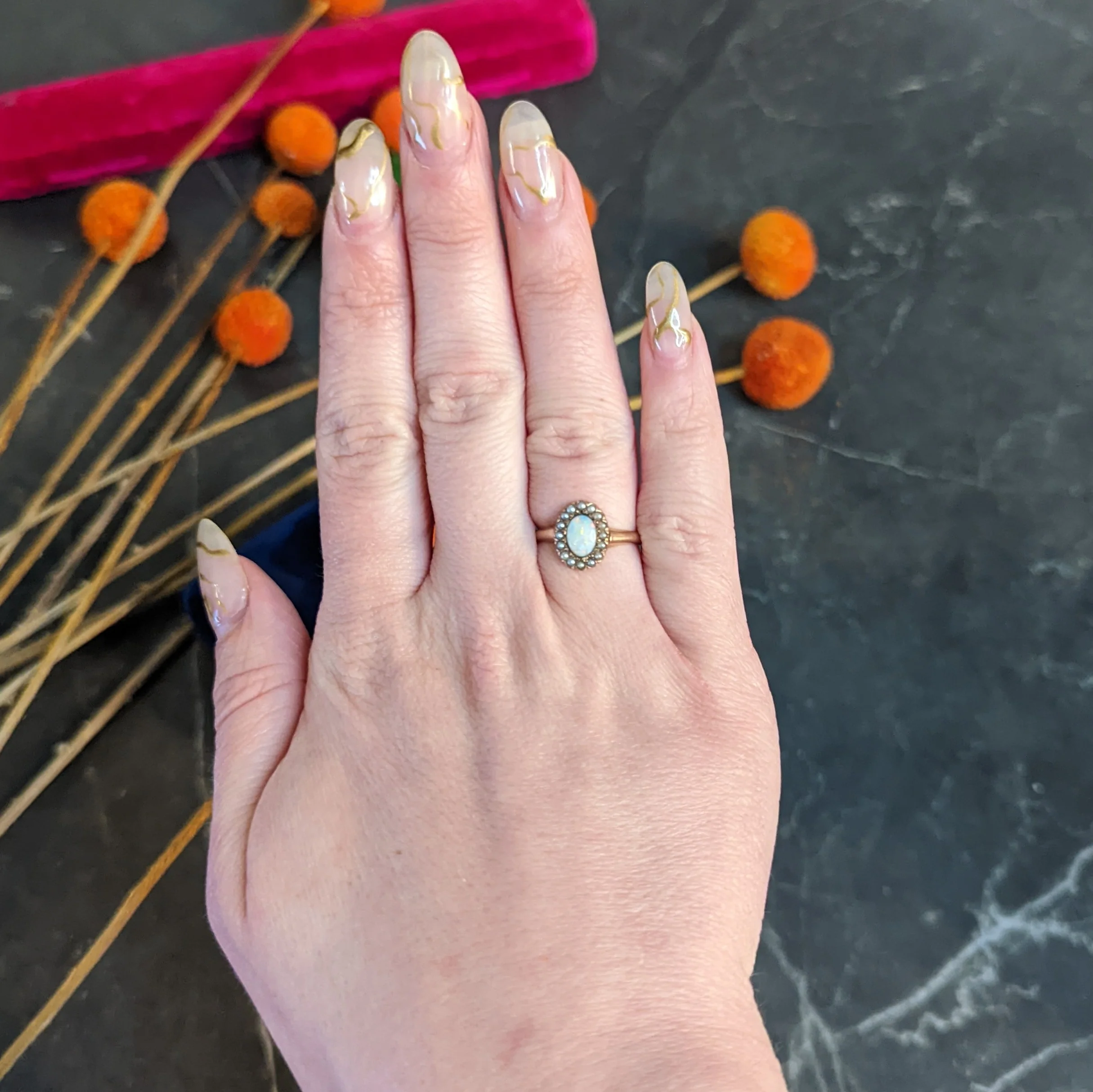 1900 Victorian Opal Seed Pearl 14 Karat Rose Gold Cluster Ring - Image 10