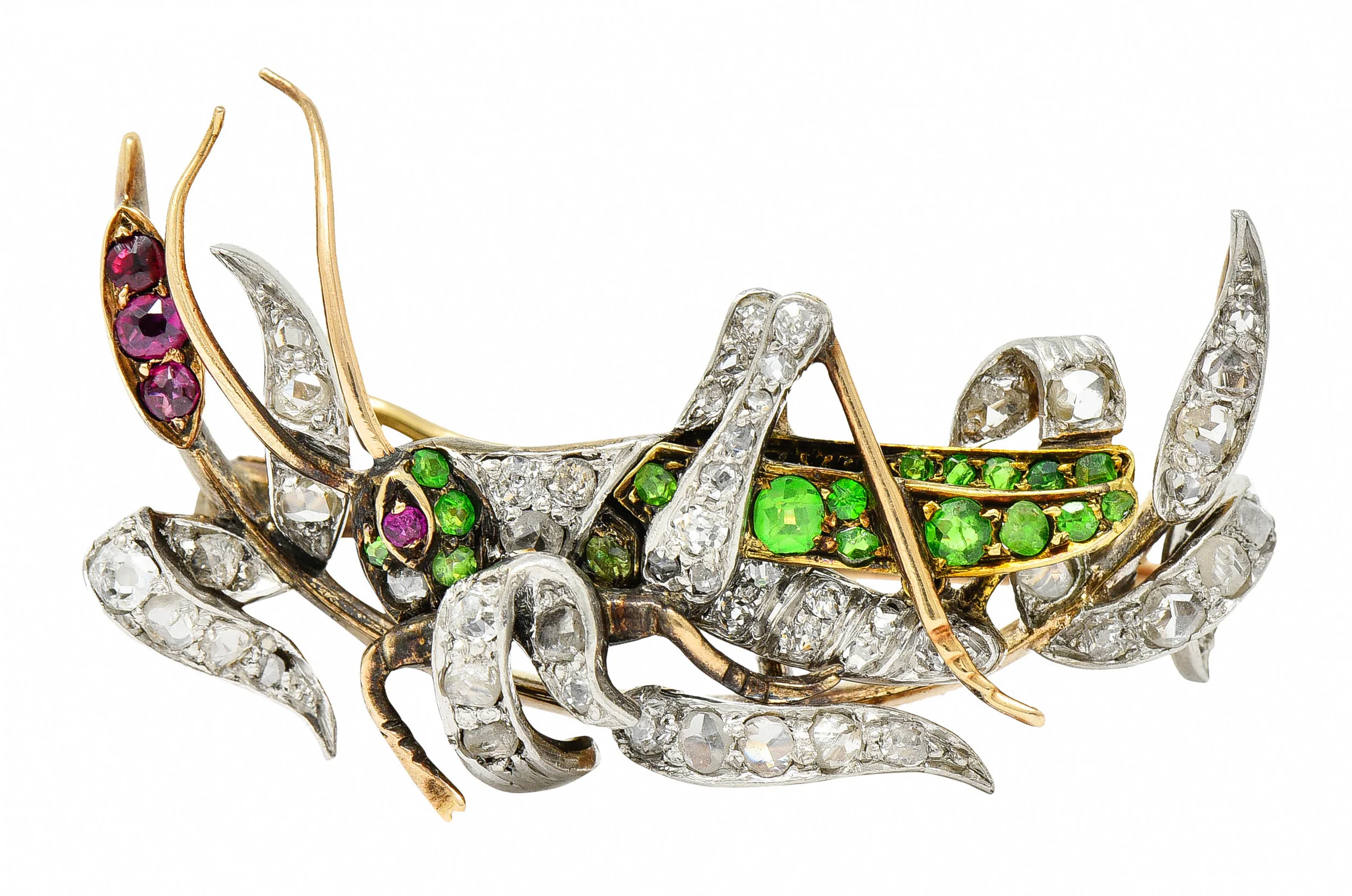 1900 Victorian Ruby Diamond Demantoid Garnet Platinum-Topped 14 Karat Gold Grasshopper Brooch - Image 5