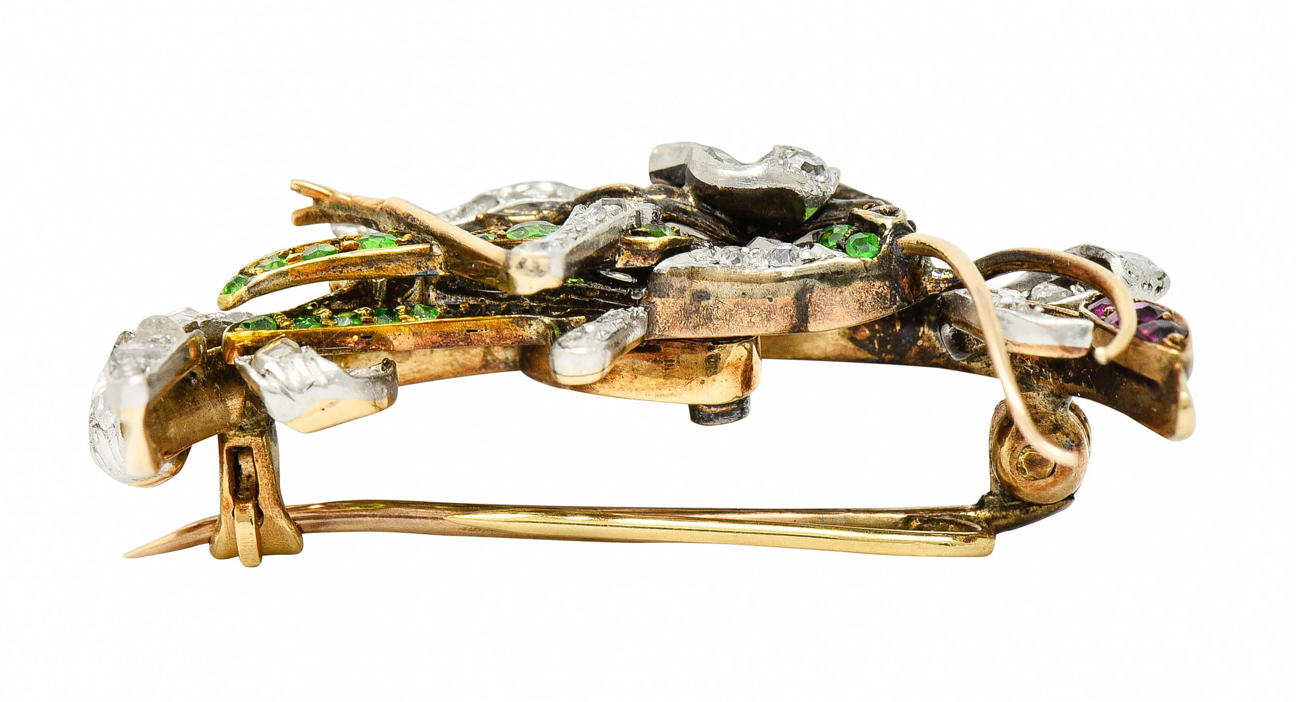 1900 Victorian Ruby Diamond Demantoid Garnet Platinum-Topped 14 Karat Gold Grasshopper Brooch - Image 8