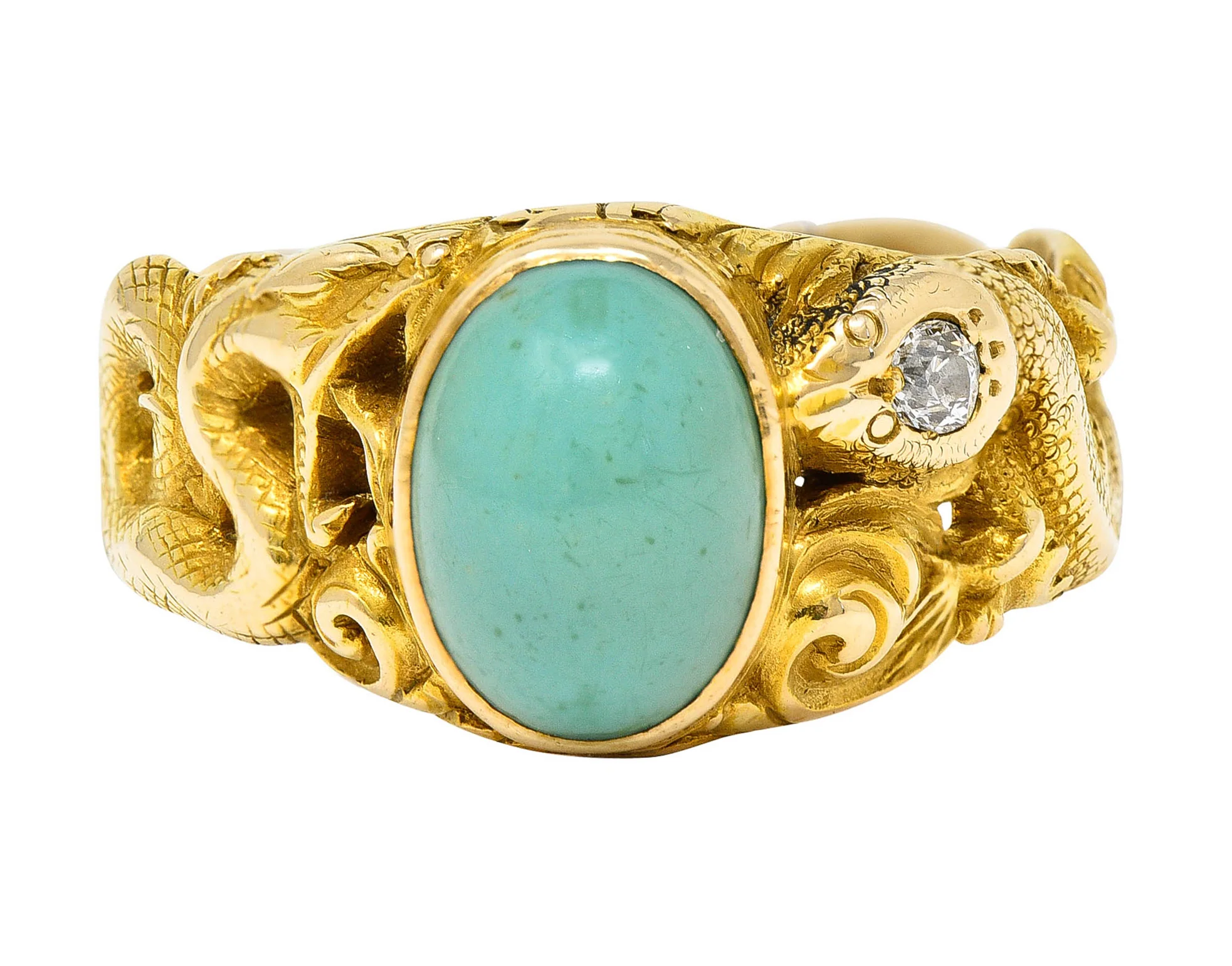 1900 Victorian Turquoise Diamond 18 Karat Gold Snake Ring