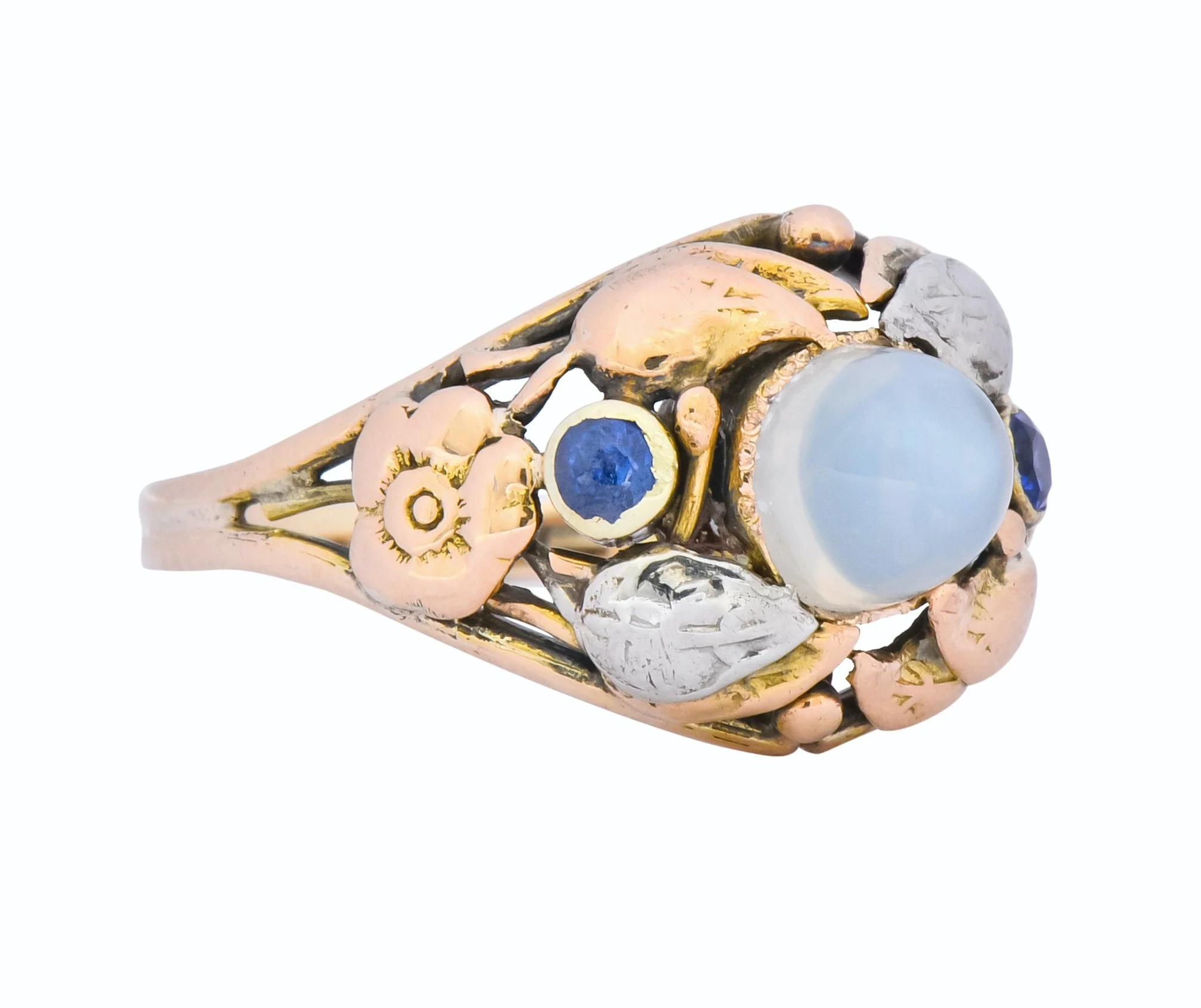 1900's Arts & Crafts Moonstone Sapphire 14 Karat Gold Floral Ring - Image 2