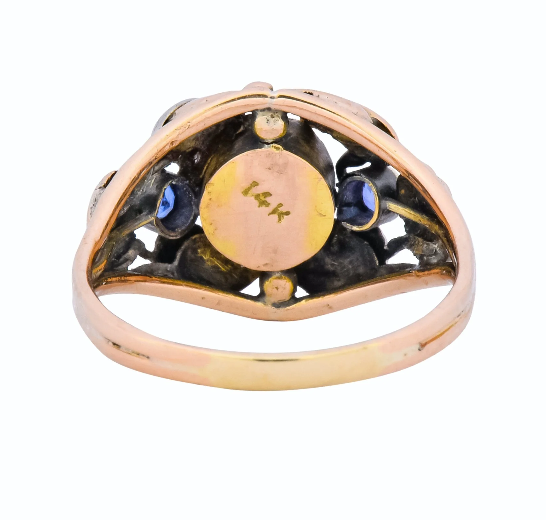 1900's Arts & Crafts Moonstone Sapphire 14 Karat Gold Floral Ring - Image 4