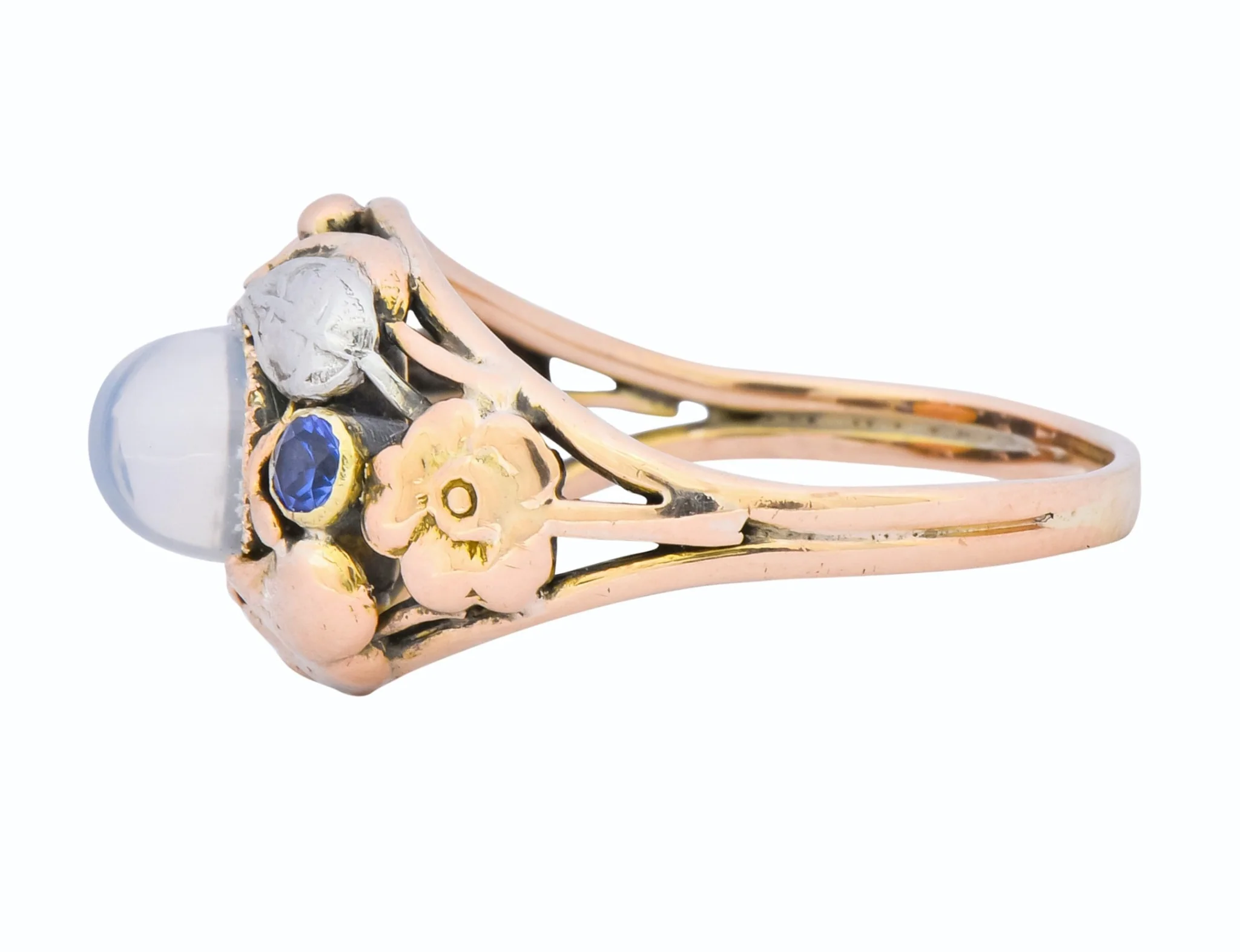 1900's Arts & Crafts Moonstone Sapphire 14 Karat Gold Floral Ring - Image 5