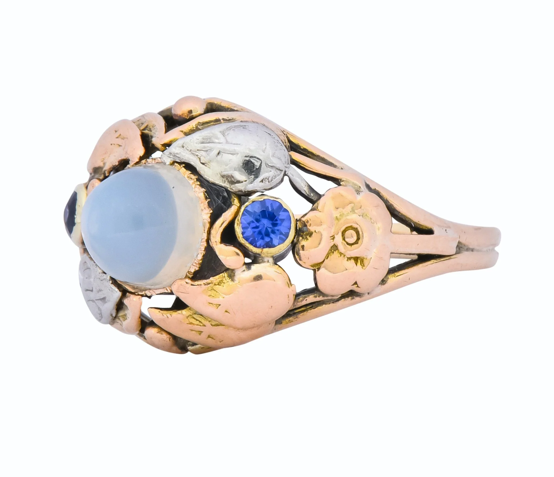 1900's Arts & Crafts Moonstone Sapphire 14 Karat Gold Floral Ring - Image 6