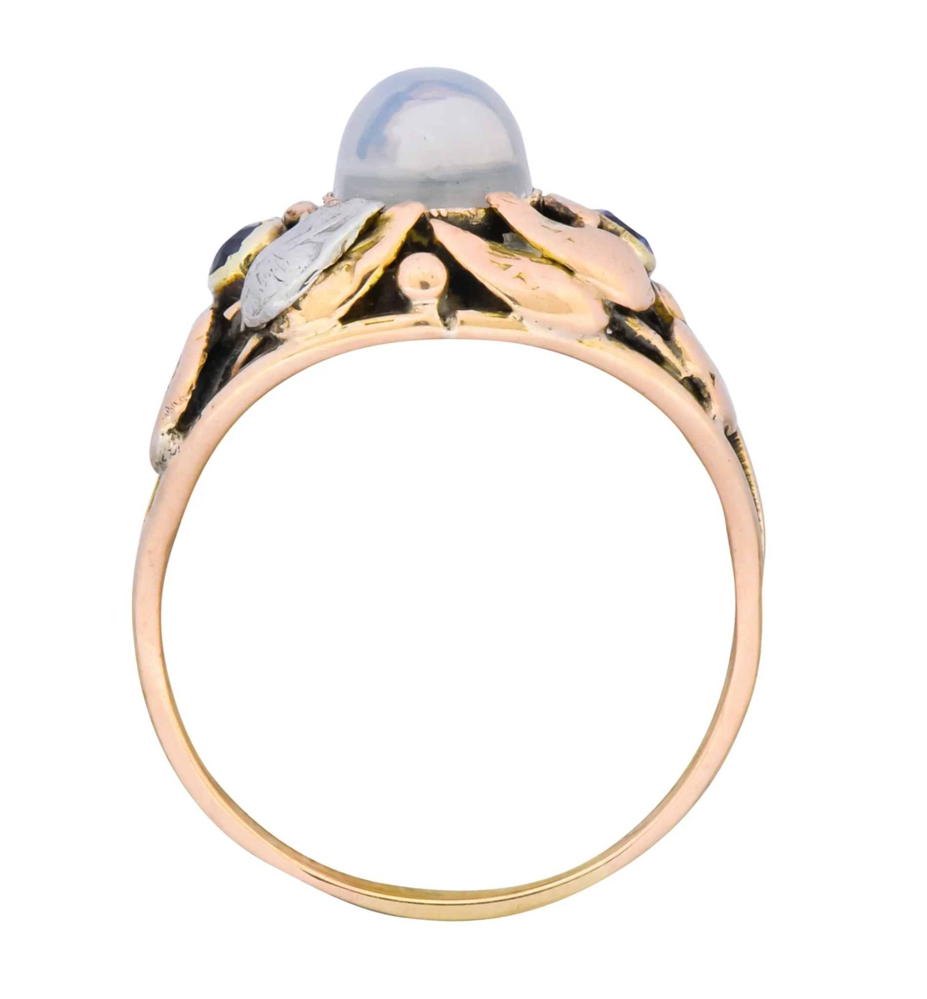 1900's Arts & Crafts Moonstone Sapphire 14 Karat Gold Floral Ring - Image 7