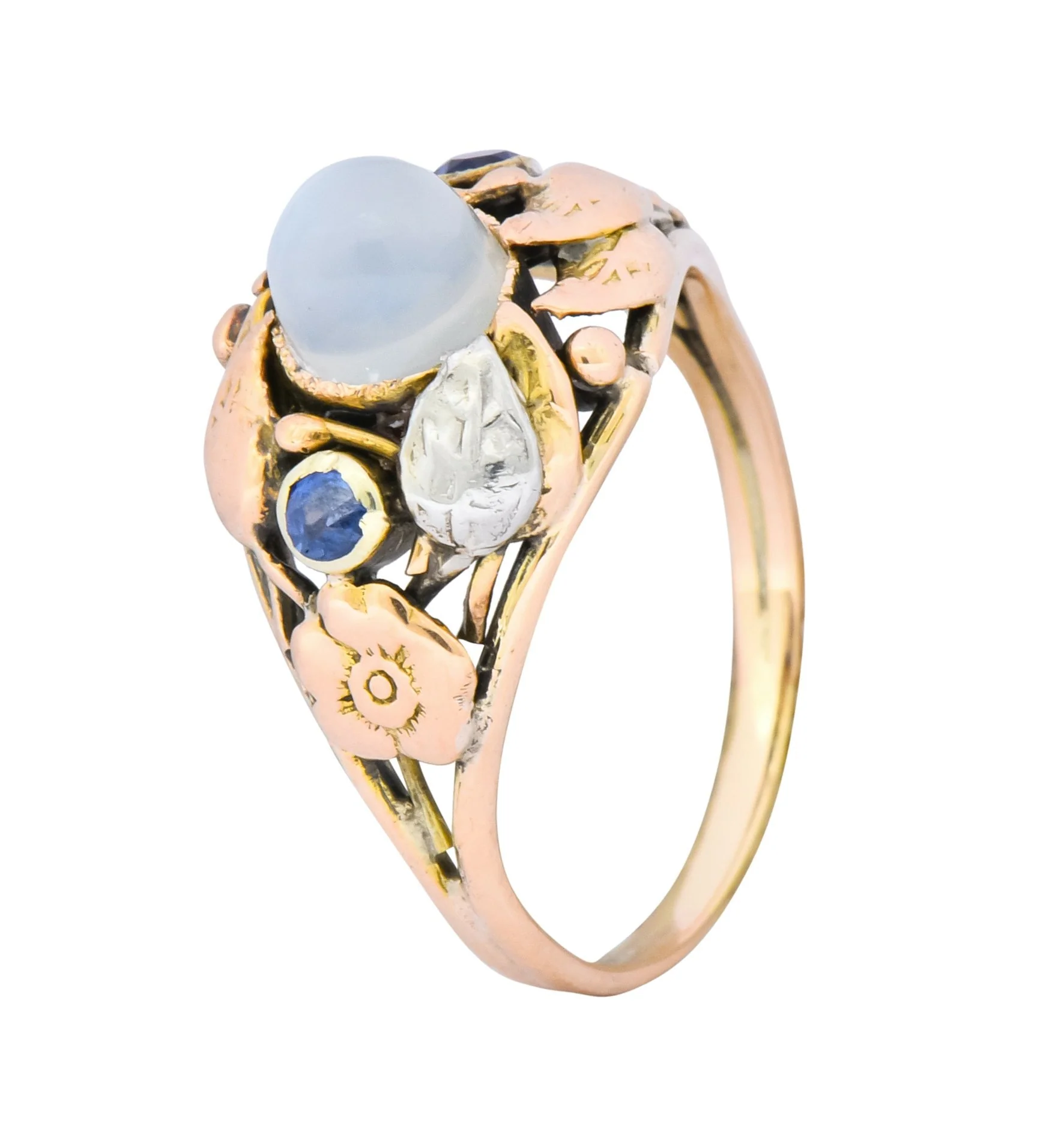 1900's Arts & Crafts Moonstone Sapphire 14 Karat Gold Floral Ring - Image 8