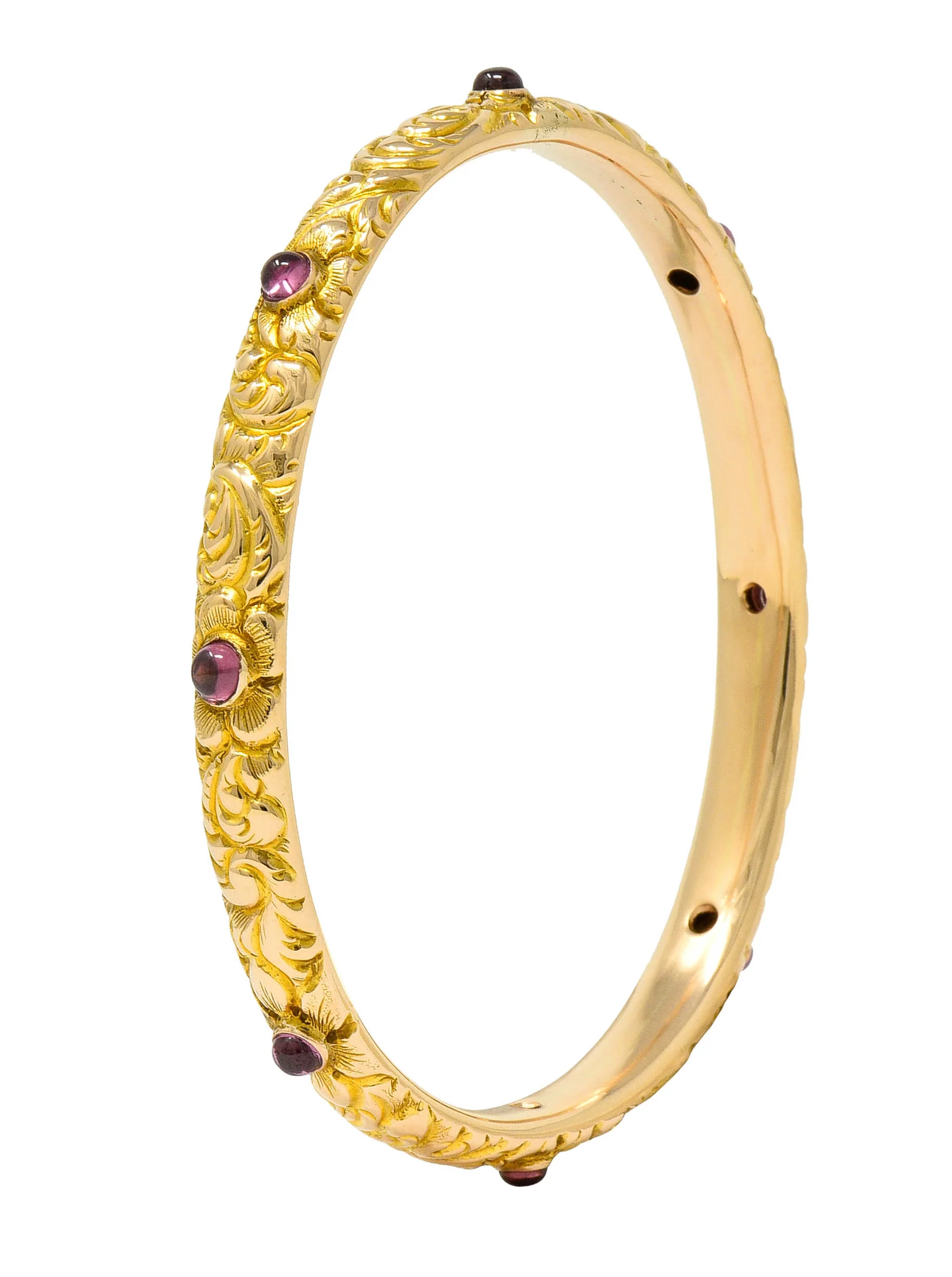 1900's Victorian Garnet Cabochon 14 Karat Gold Floral Foliate Bangle Bracelet - Image 10